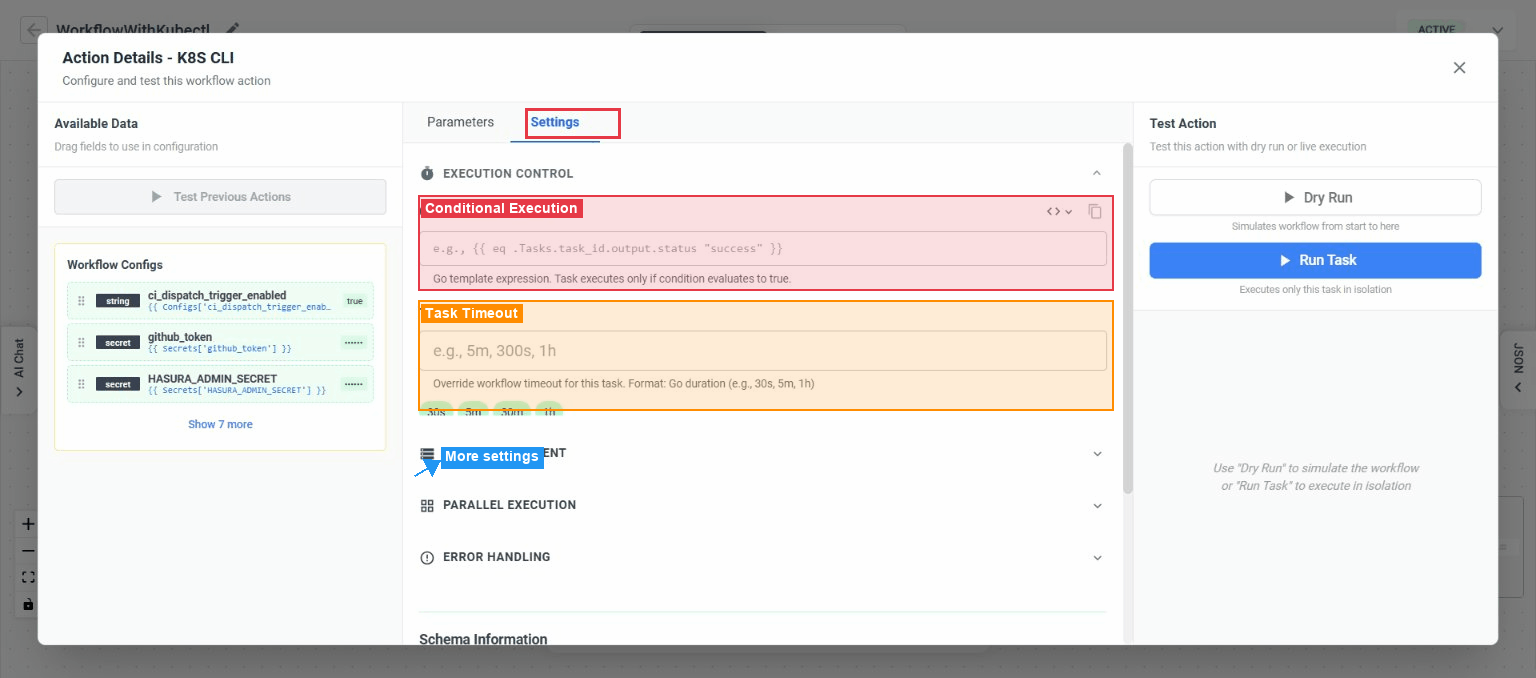 Action Details - Settings Tab