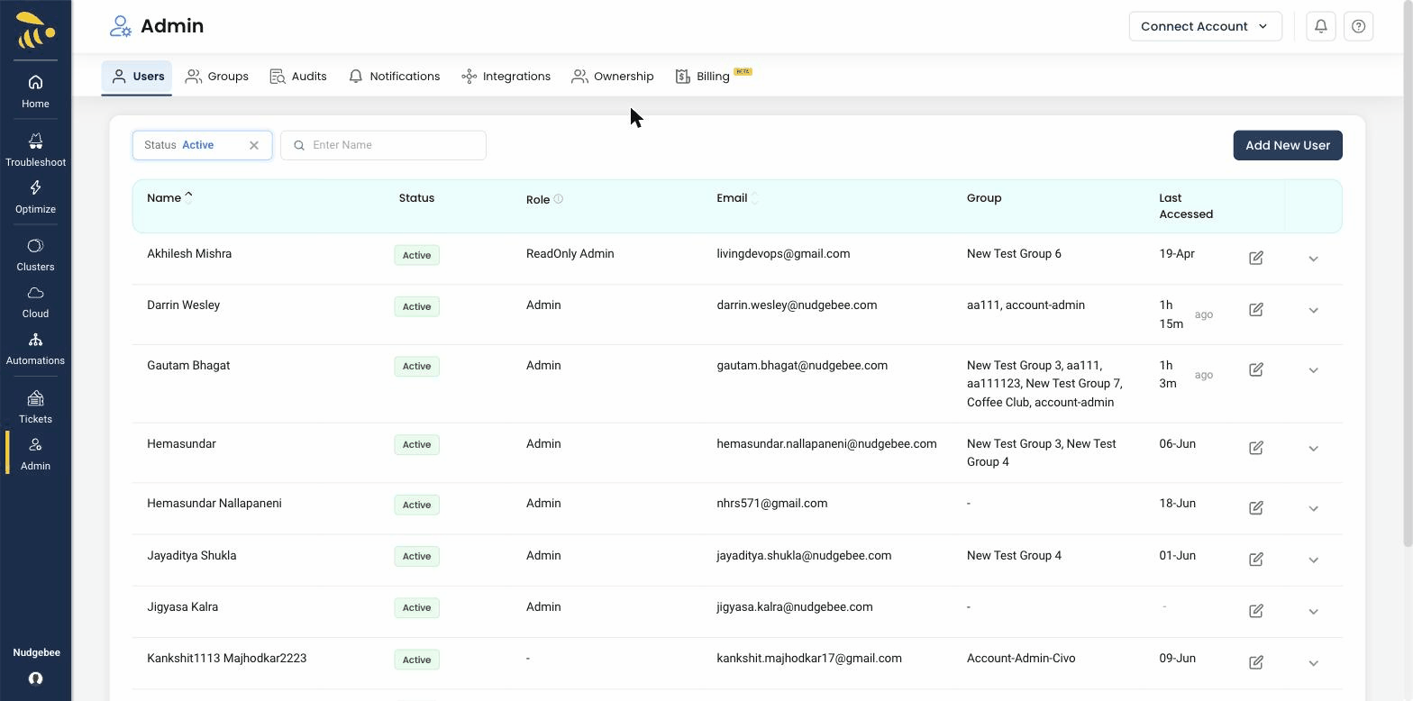 NudgeBee Admin Users page listing team members with their status, role, email, group, and last accessed time, plus tabs for Groups, Audits, Notifications, Integrations, and more