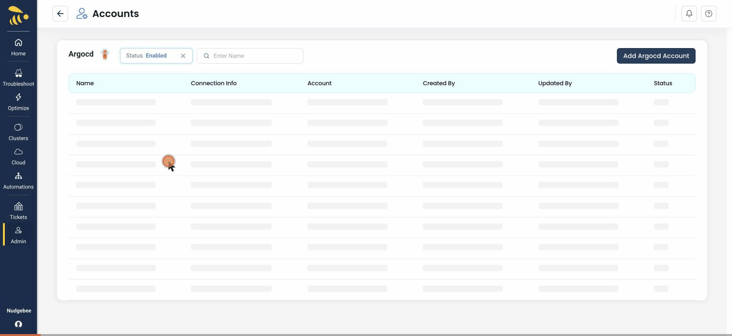 Walkthrough of adding an ArgoCD integration in NudgeBee: opening the CI/CD category, selecting ArgoCD, clicking Add ArgoCD Account, and filling in the integration name, account, K8s secret, and authentication options