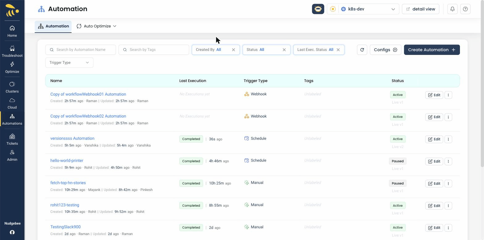 NudgeBee Automation listing showing configured automations with their trigger type (webhook, schedule, manual), last execution, and status