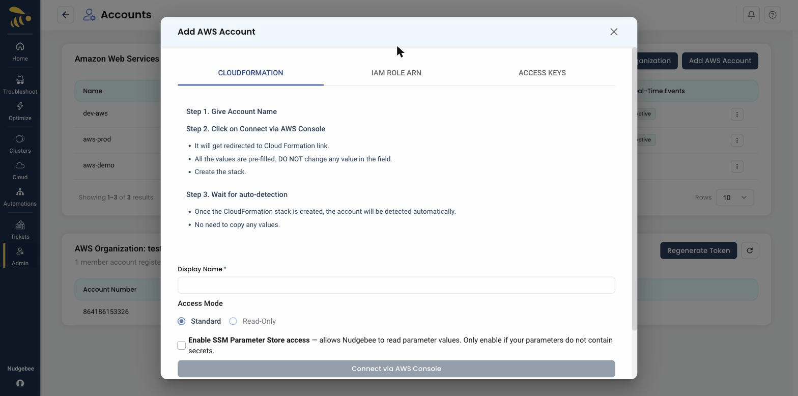 The CloudFormation connection method in the Add AWS Account form
