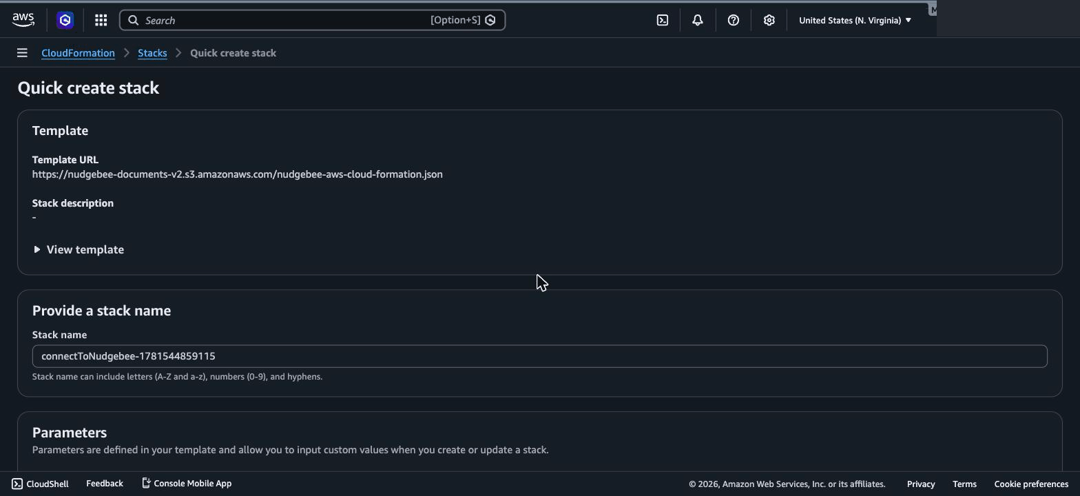 The pre-filled AWS CloudFormation Quick create stack page launched from NudgeBee, showing the NudgeBee template URL and stack name