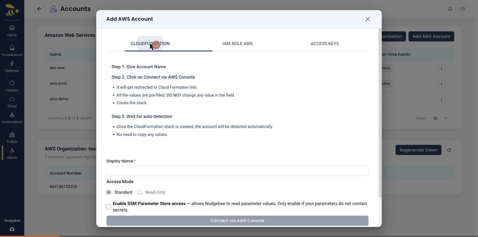 Switching between the three AWS connection methods — CloudFormation, IAM Role ARN, and Access Keys — in the Add AWS Account form