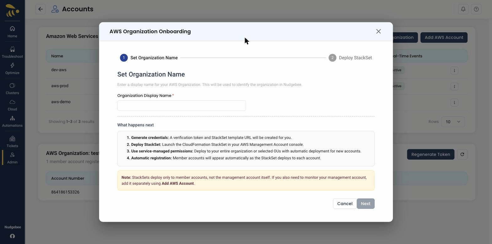 AWS Organization onboarding — set an organization name, then deploy a CloudFormation StackSet to register member accounts automatically