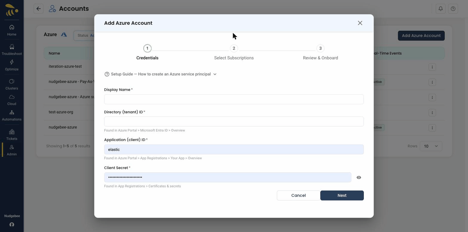 Step 1 of the Add Azure Account wizard — entering the Display Name, Directory (tenant) ID, Application (client) ID, and Client Secret, with the Credentials, Select Subscriptions, and Review & Onboard steps shown at the top