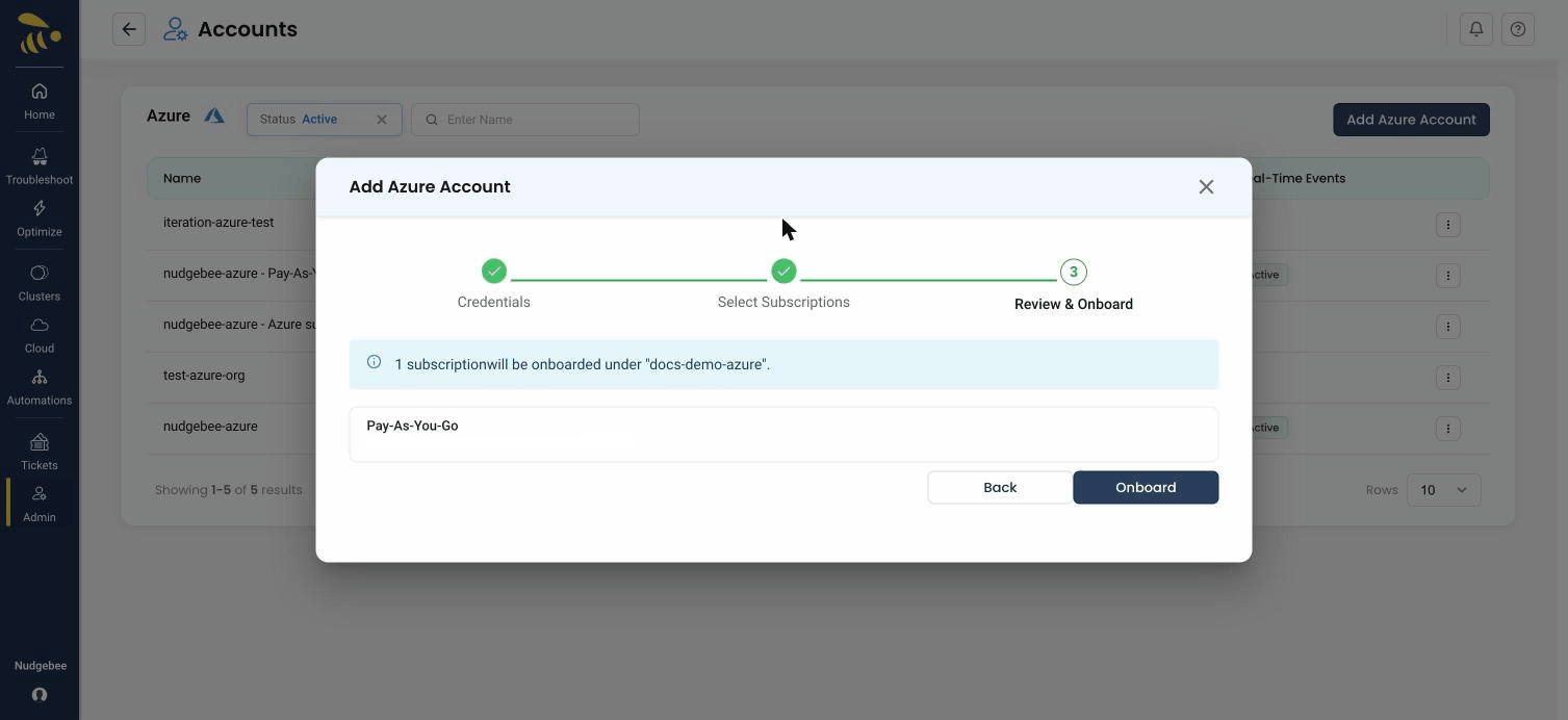 Step 3 of the wizard — reviewing the subscriptions that will be onboarded before clicking Onboard