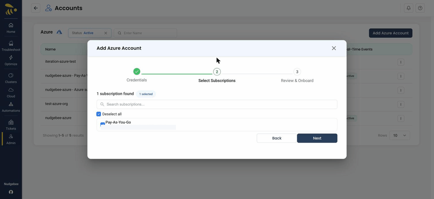 Step 2 of the wizard — NudgeBee has discovered the subscriptions the service principal can access, each with a checkbox to select it for onboarding