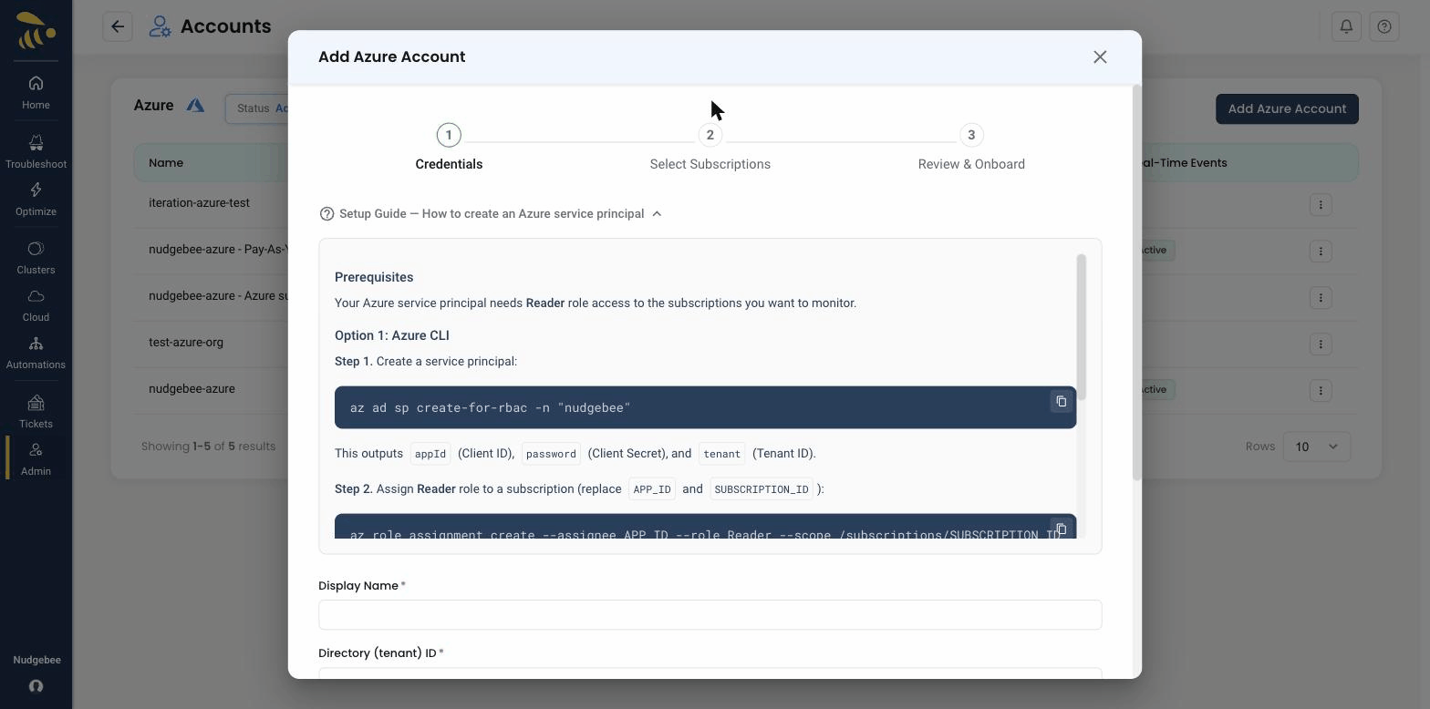The in-form Setup Guide showing the Azure CLI commands to create a service principal and assign the Reader role