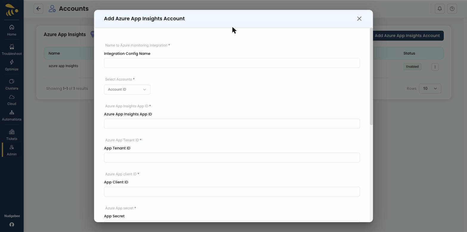 Azure App Insights configuration form