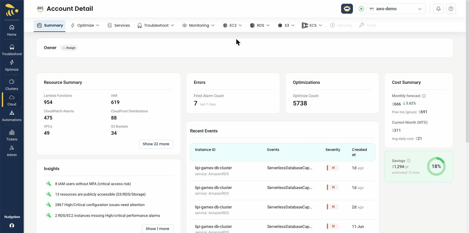 NudgeBee Cloud Account Detail for an AWS account showing the resource summary, errors, optimization count, cost summary, and recent events