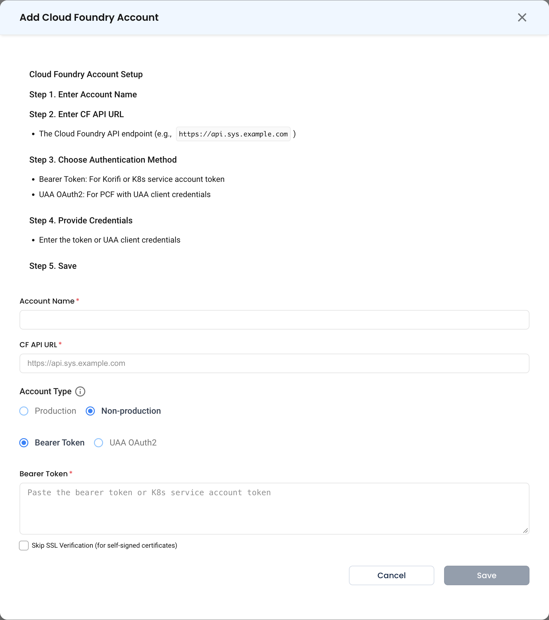The Cloud Foundry configuration form, showing the five-step panel, the CF API URL and the bearer-token and UAA OAuth2 options