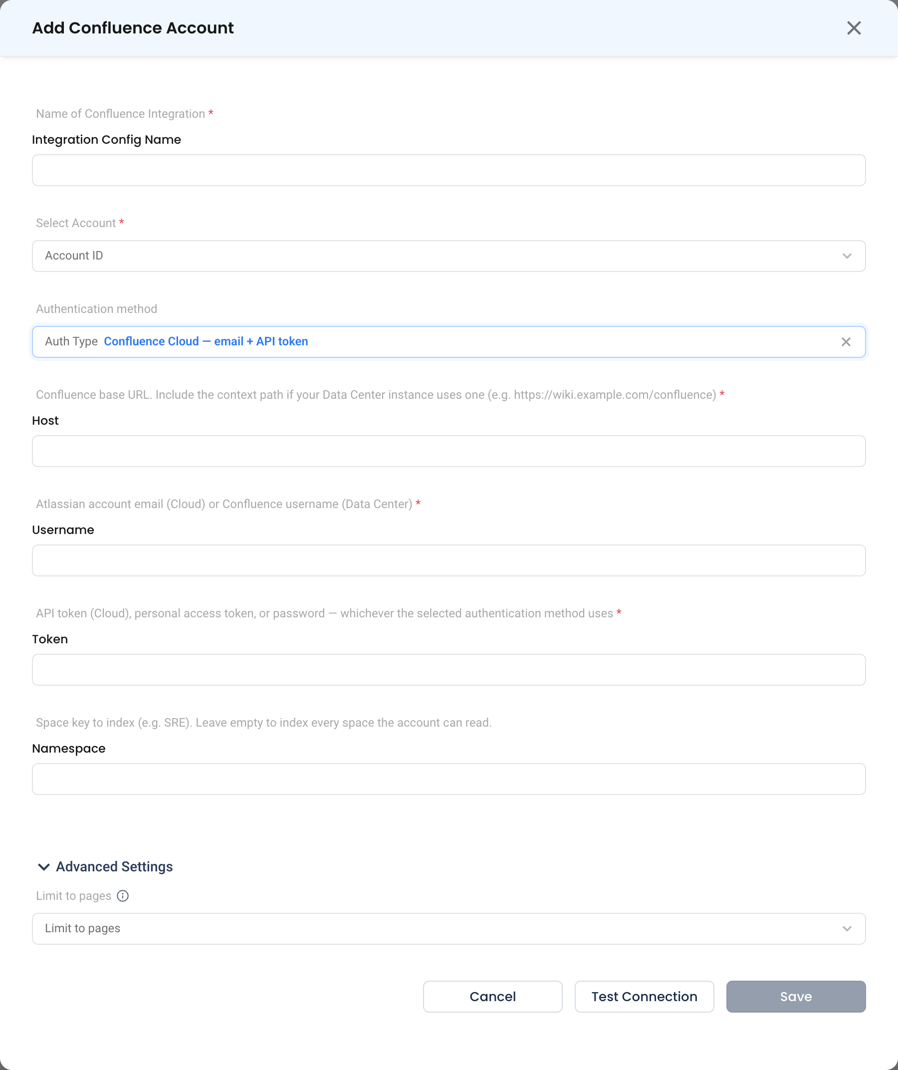 The Confluence configuration form with Advanced Settings expanded, showing the authentication options and the Limit to pages setting