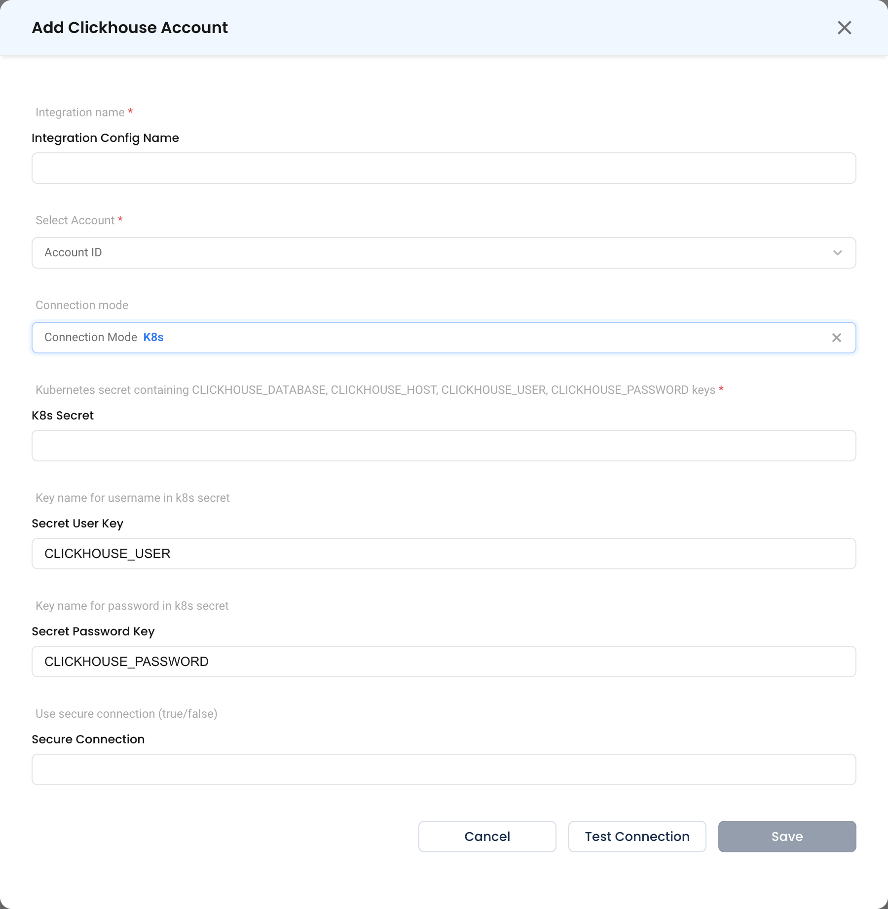 The ClickHouse form in K8s connection mode, showing the secret field and the user and password key overrides