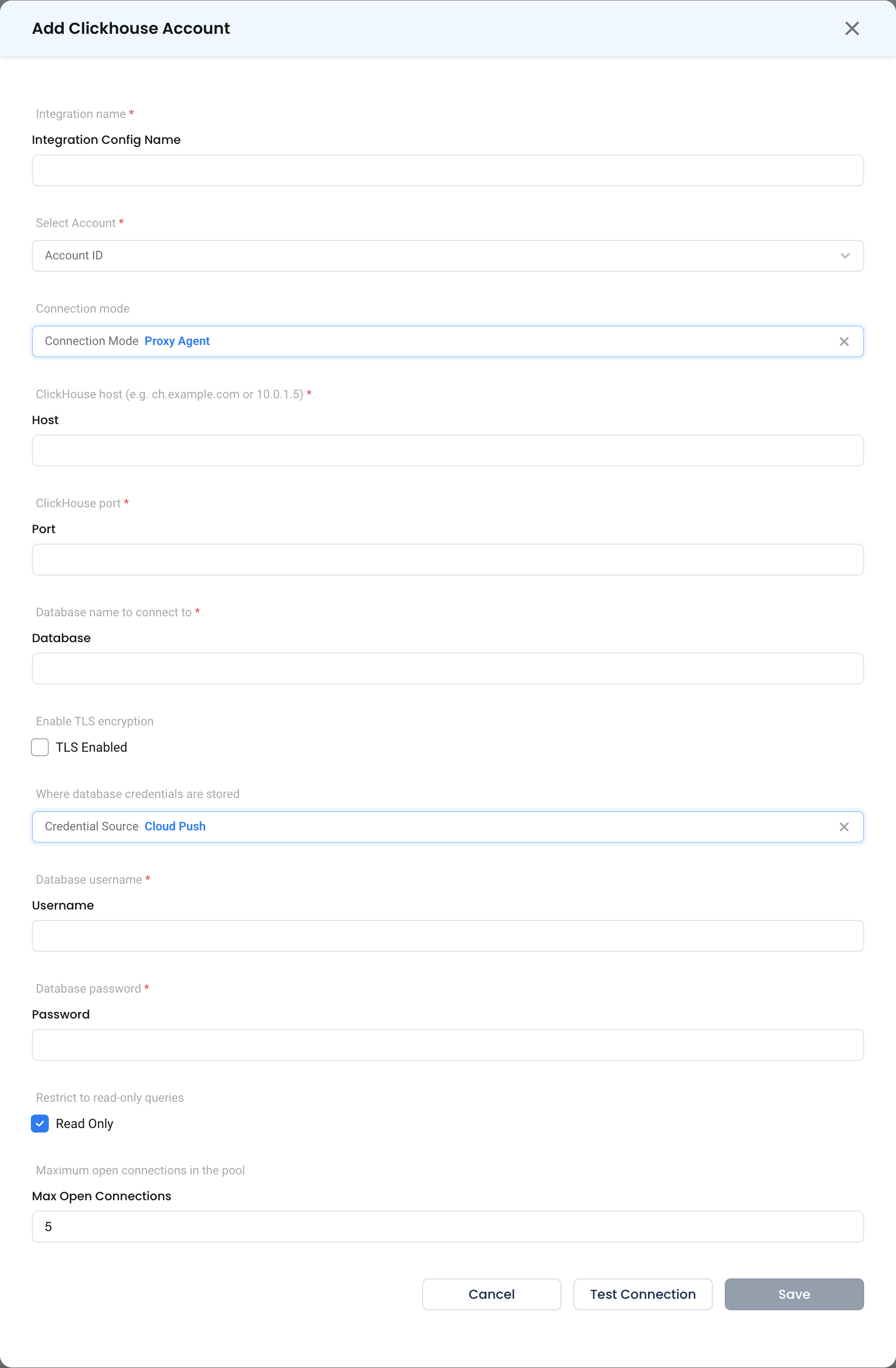 The ClickHouse form in Proxy Agent mode, showing host, port, database and secure-connection options