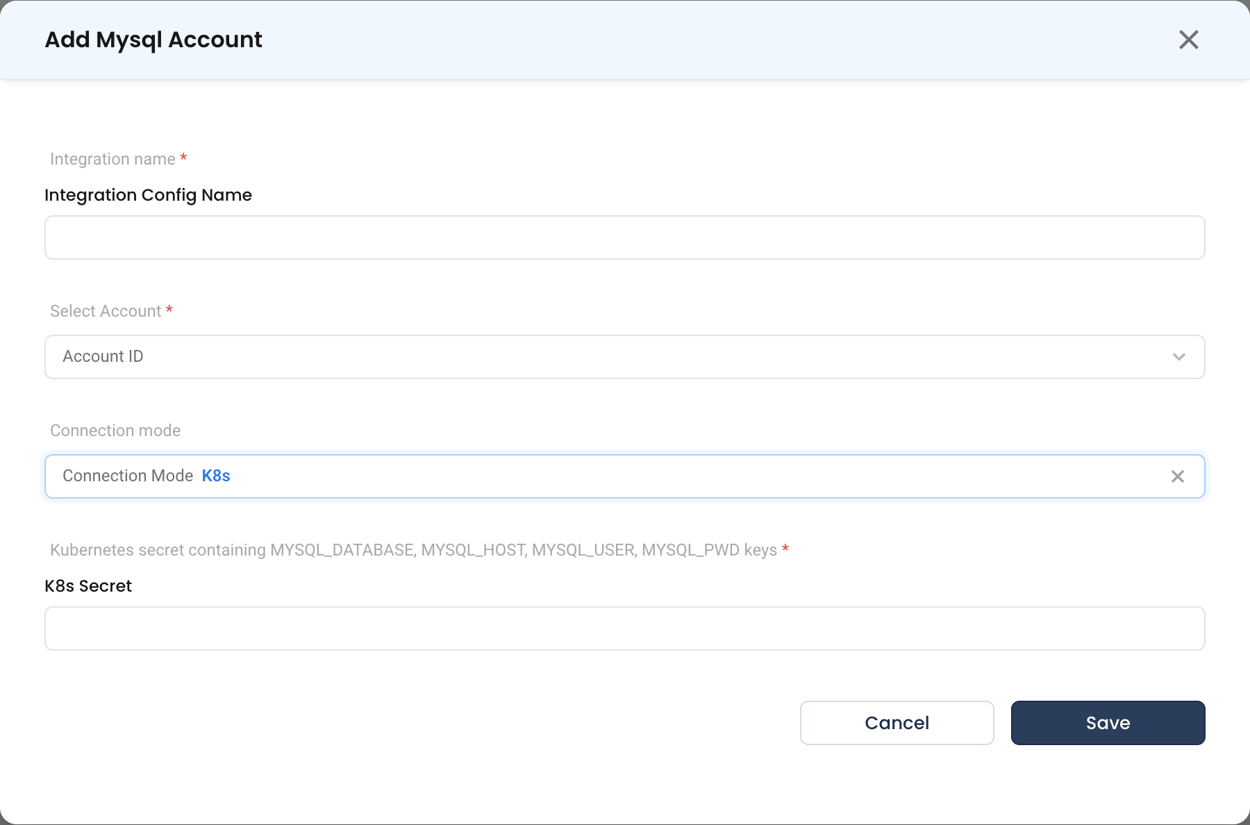 The MySQL configuration form in K8s connection mode, showing the Kubernetes secret field