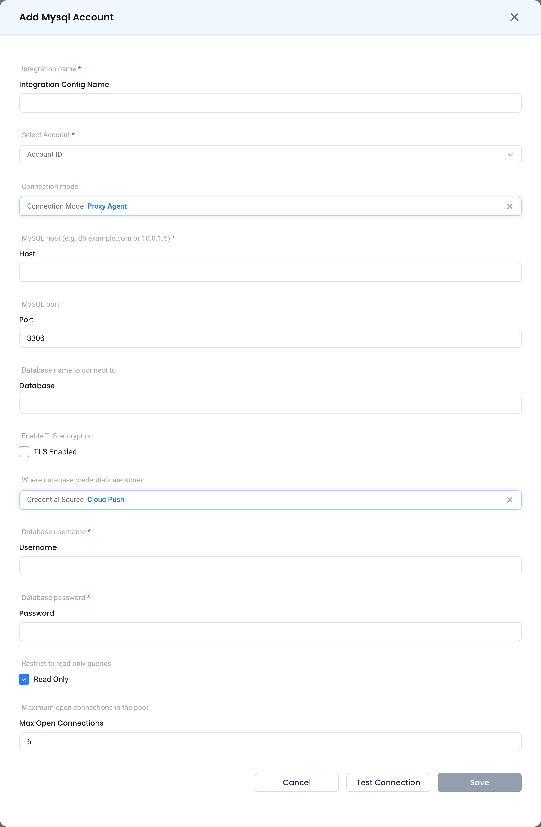 The MySQL form in Proxy Agent mode, showing host, port, database, TLS and credential fields