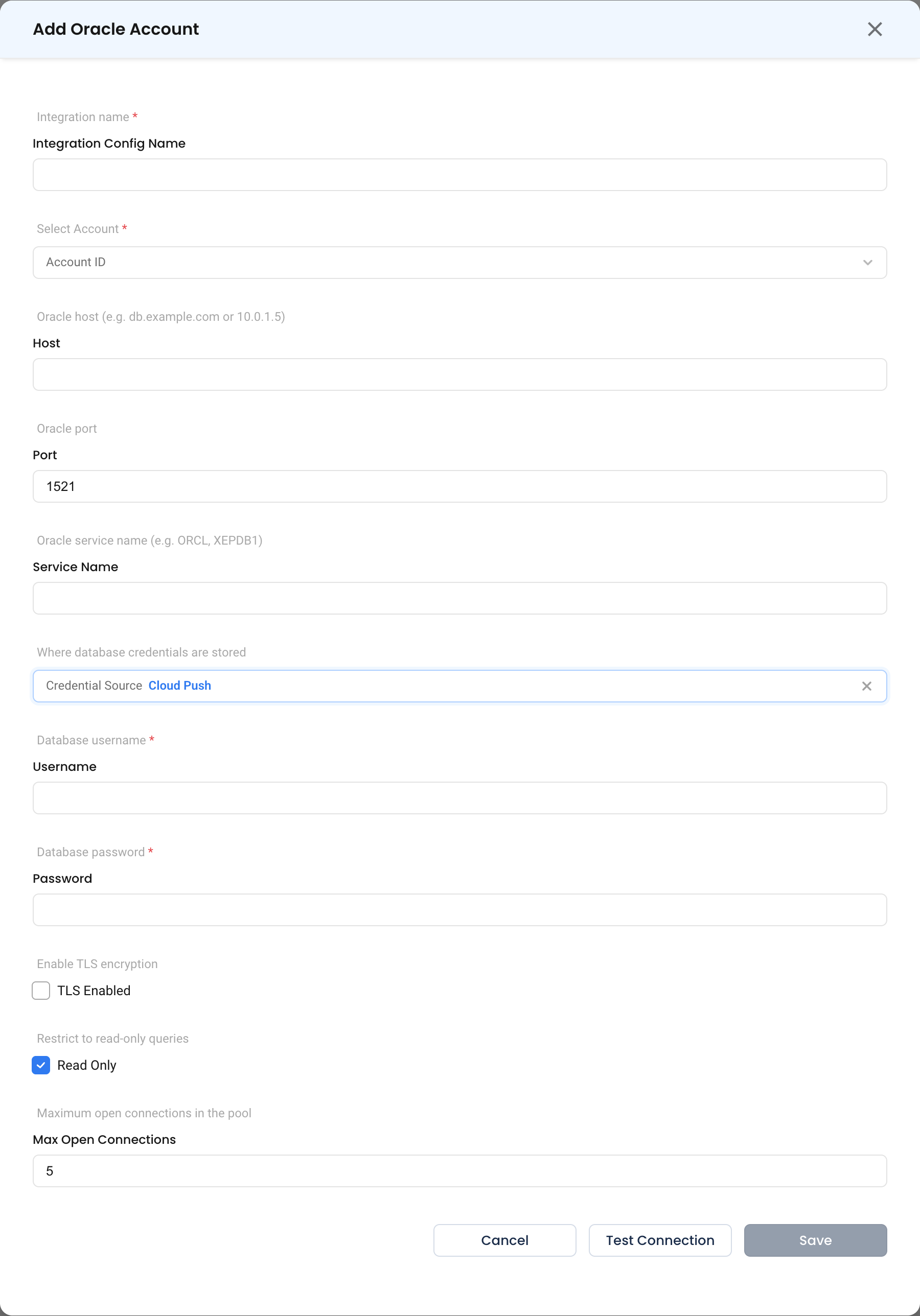 The Oracle configuration form, showing the service name field that must not be given a SID