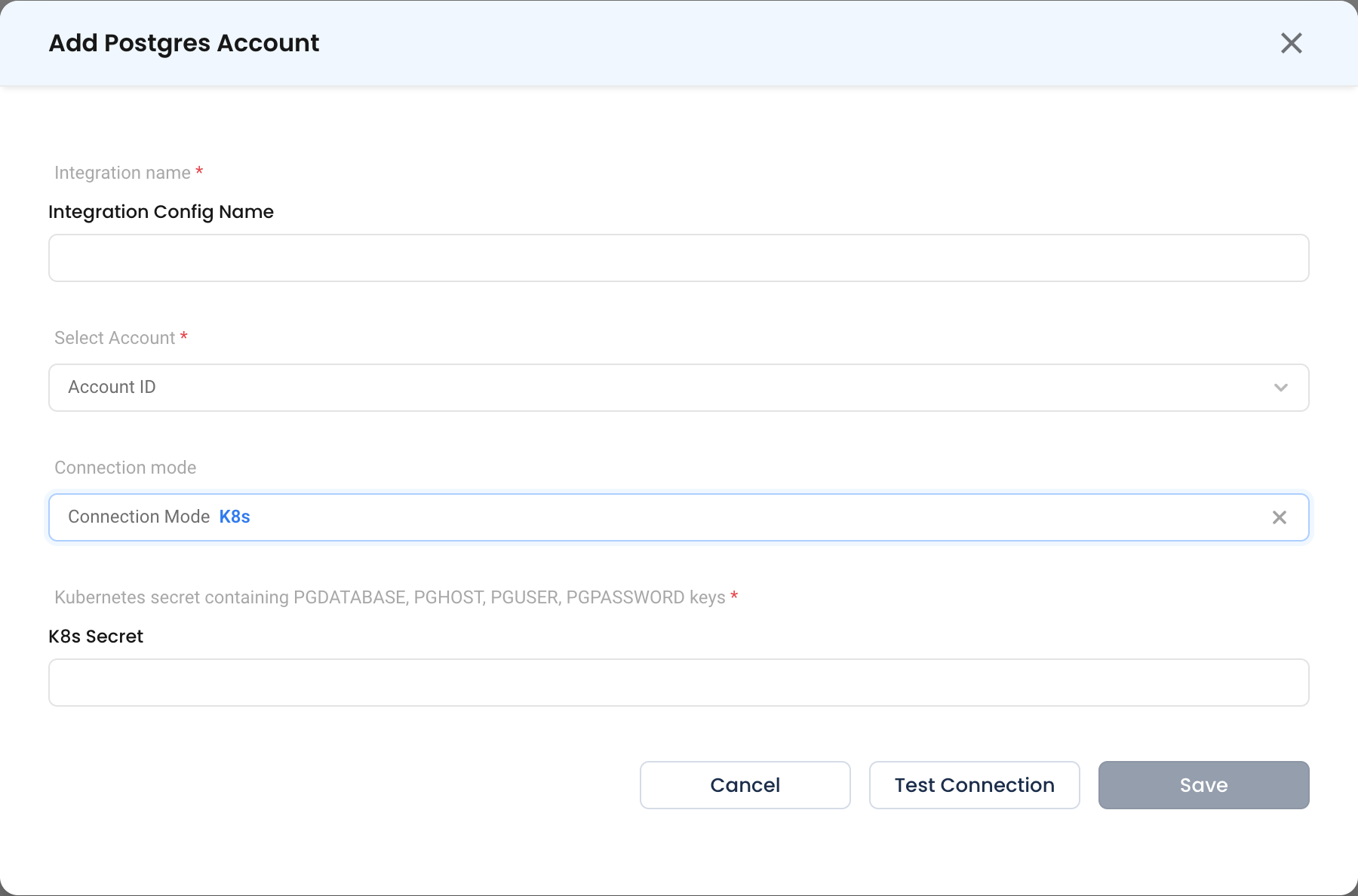 The PostgreSQL configuration form in K8s connection mode, showing the single Kubernetes secret field