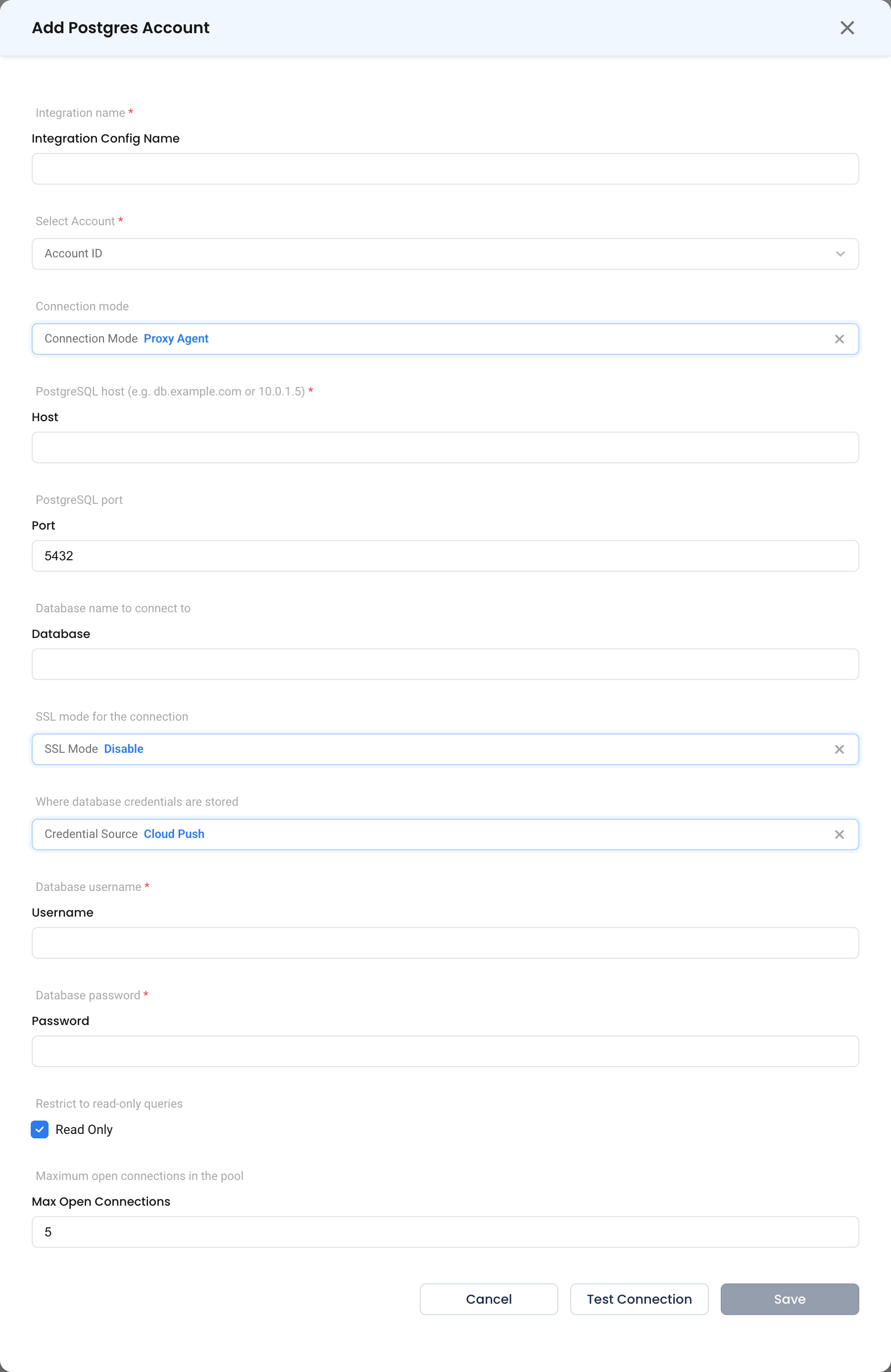 The PostgreSQL form in Proxy Agent mode, showing host, port, database, SSL mode, credential source and the read-only and pool-size options