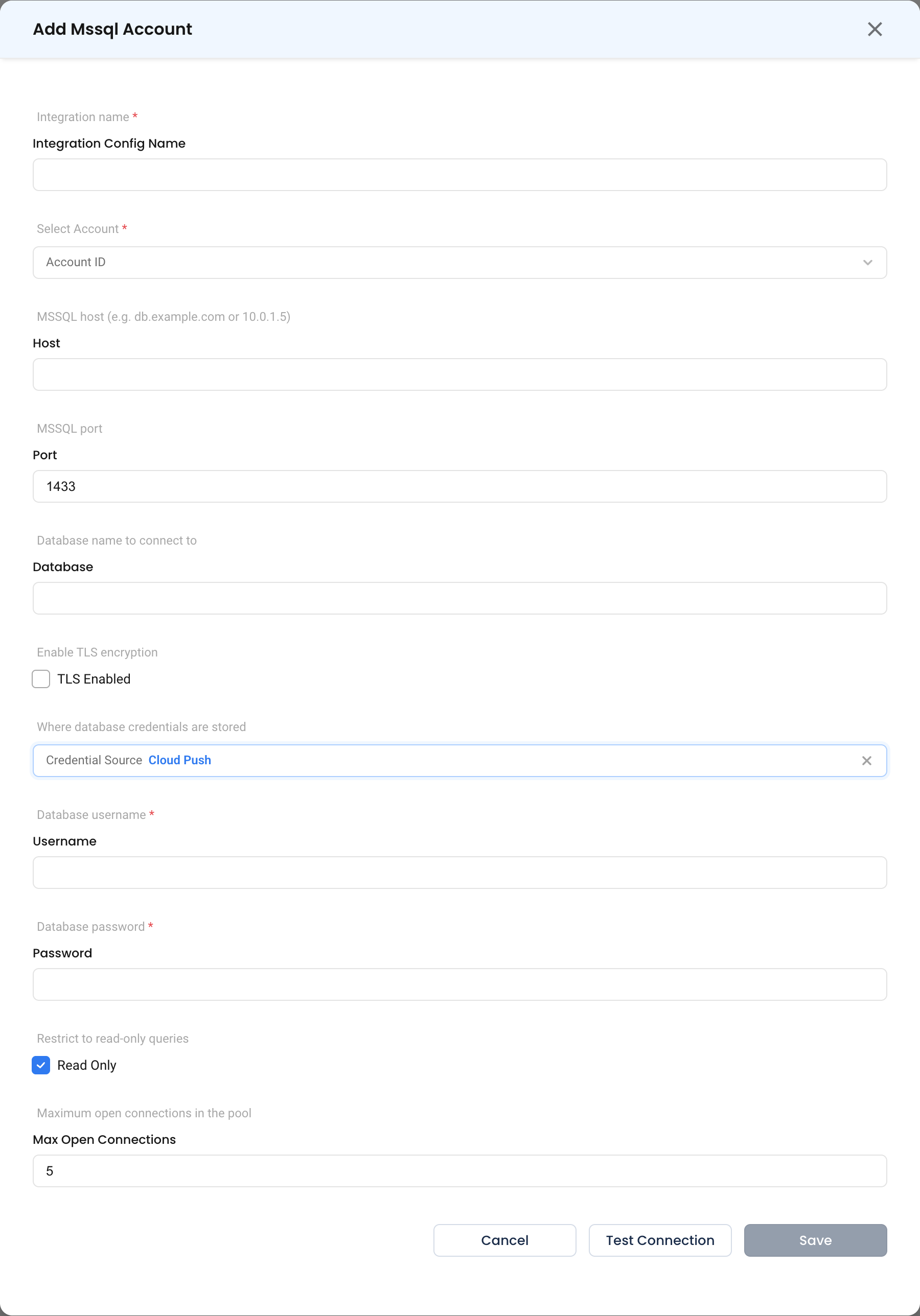 The SQL Server configuration form, which offers Proxy Agent connection only