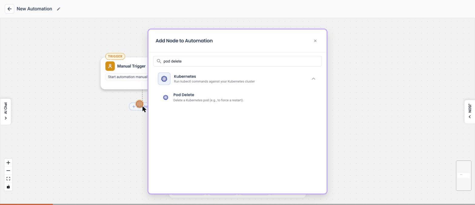 Adding and configuring the Run Script (Bash) action in the NudgeBee automation builder