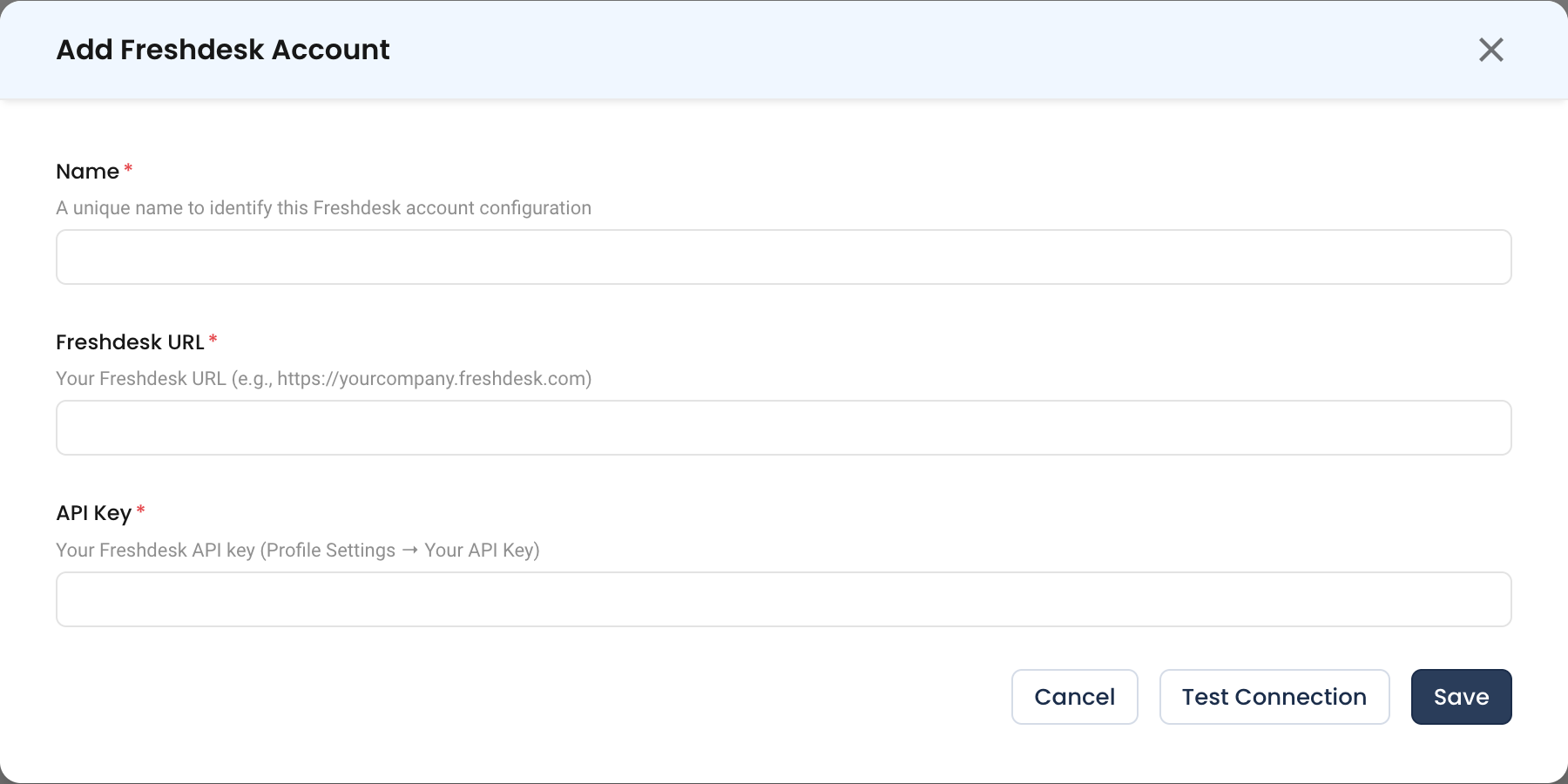 The Freshdesk configuration form, showing the account URL and API key fields