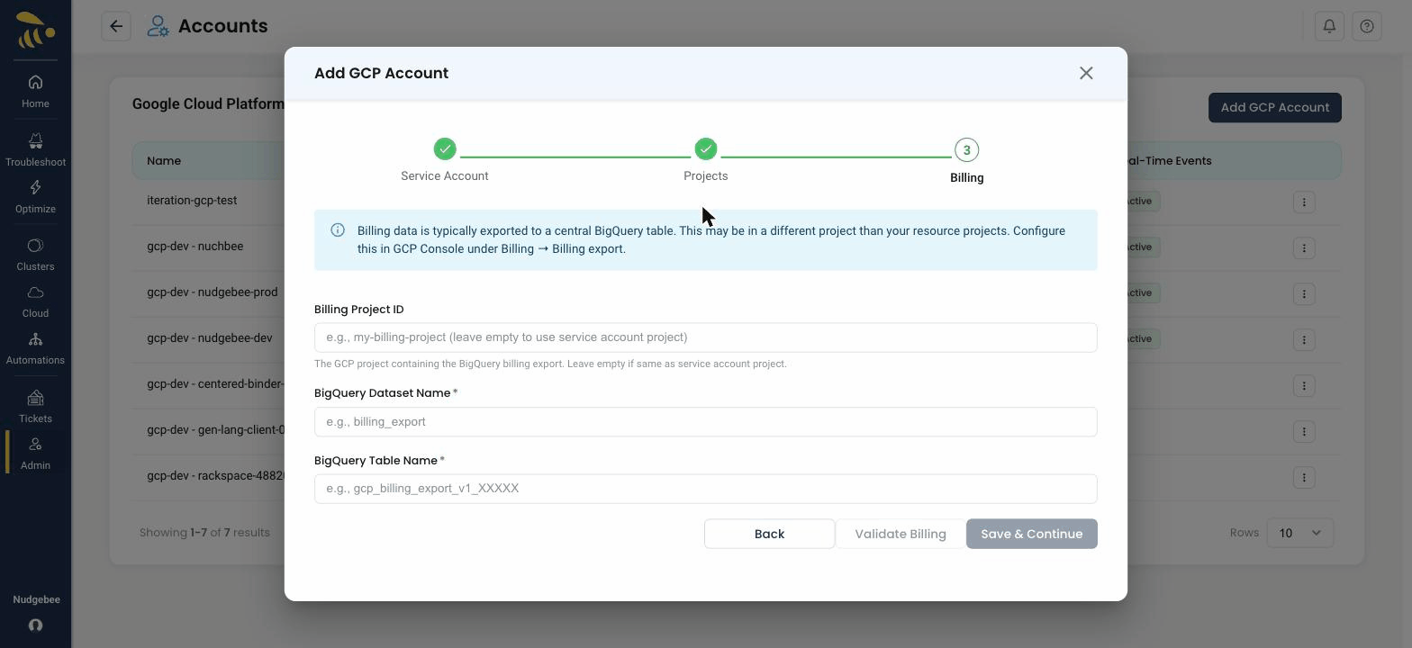 Step 3 of the wizard — configuring the BigQuery billing export with the Billing Project ID, dataset, and table fields