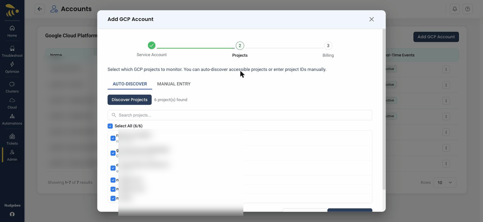 Step 2 of the wizard — NudgeBee has auto-discovered the GCP projects the service account can access, each with a checkbox to select it for monitoring