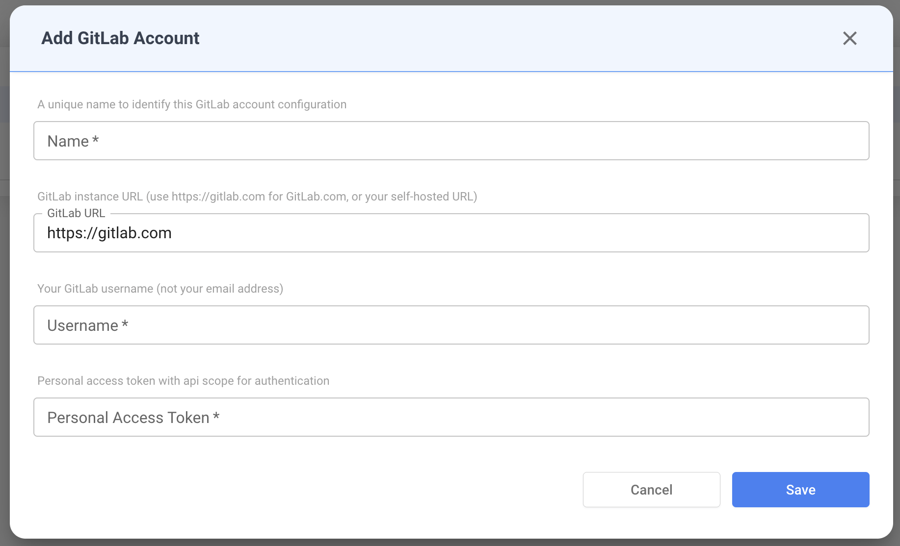 Add GitLab Account modal