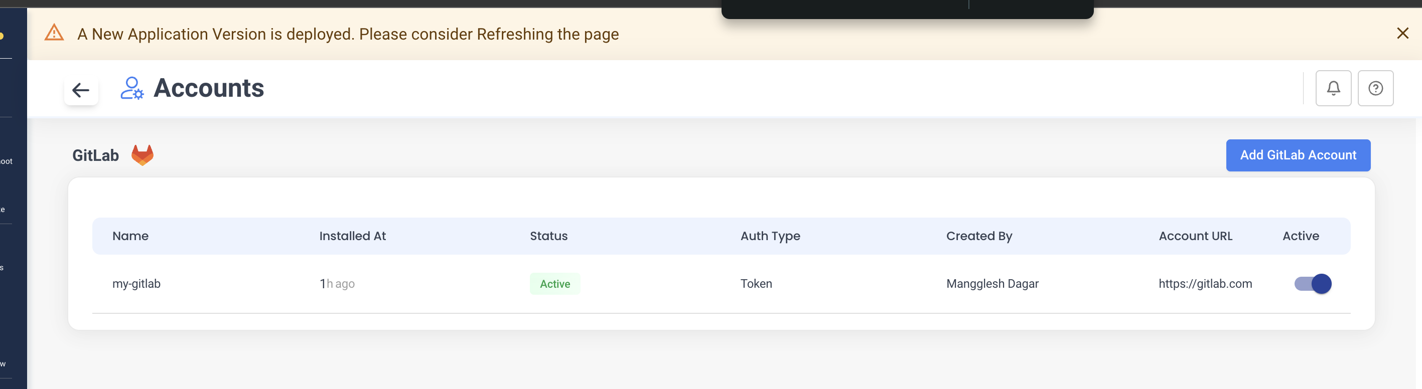 GitLab accounts table showing connected account