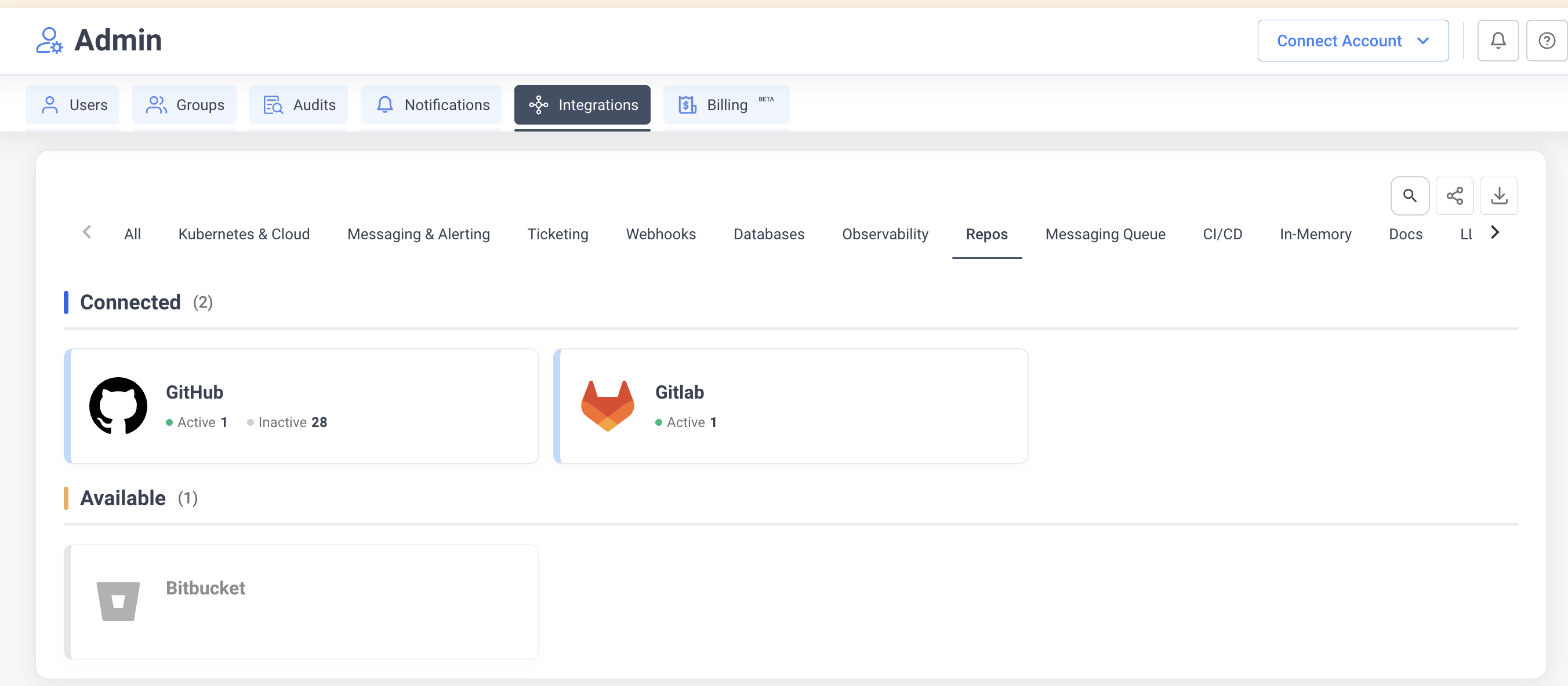 NudgeBee Repos integration page showing GitLab tile