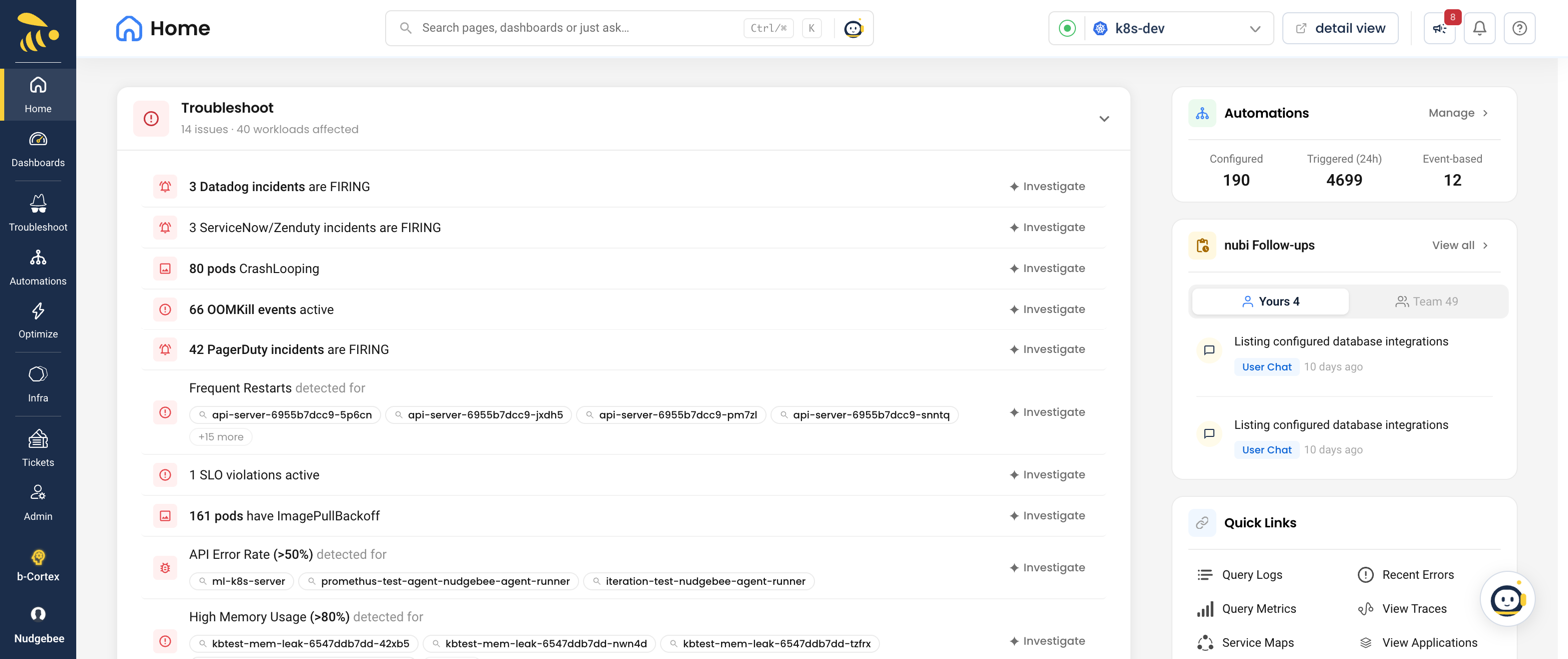 NudgeBee Home dashboard with the NuBi AI assistant, live Troubleshoot and Optimize summaries, automation statistics, and quick links