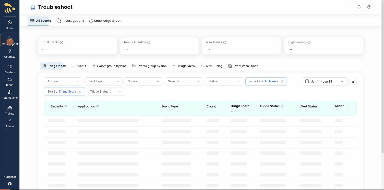 Knowledge Graph walkthrough: navigating from Home to Troubleshoot, opening the Knowledge Graph, narrowing the graph with the Node filter, then using the zoom, fit-to-screen, and drill-down controls