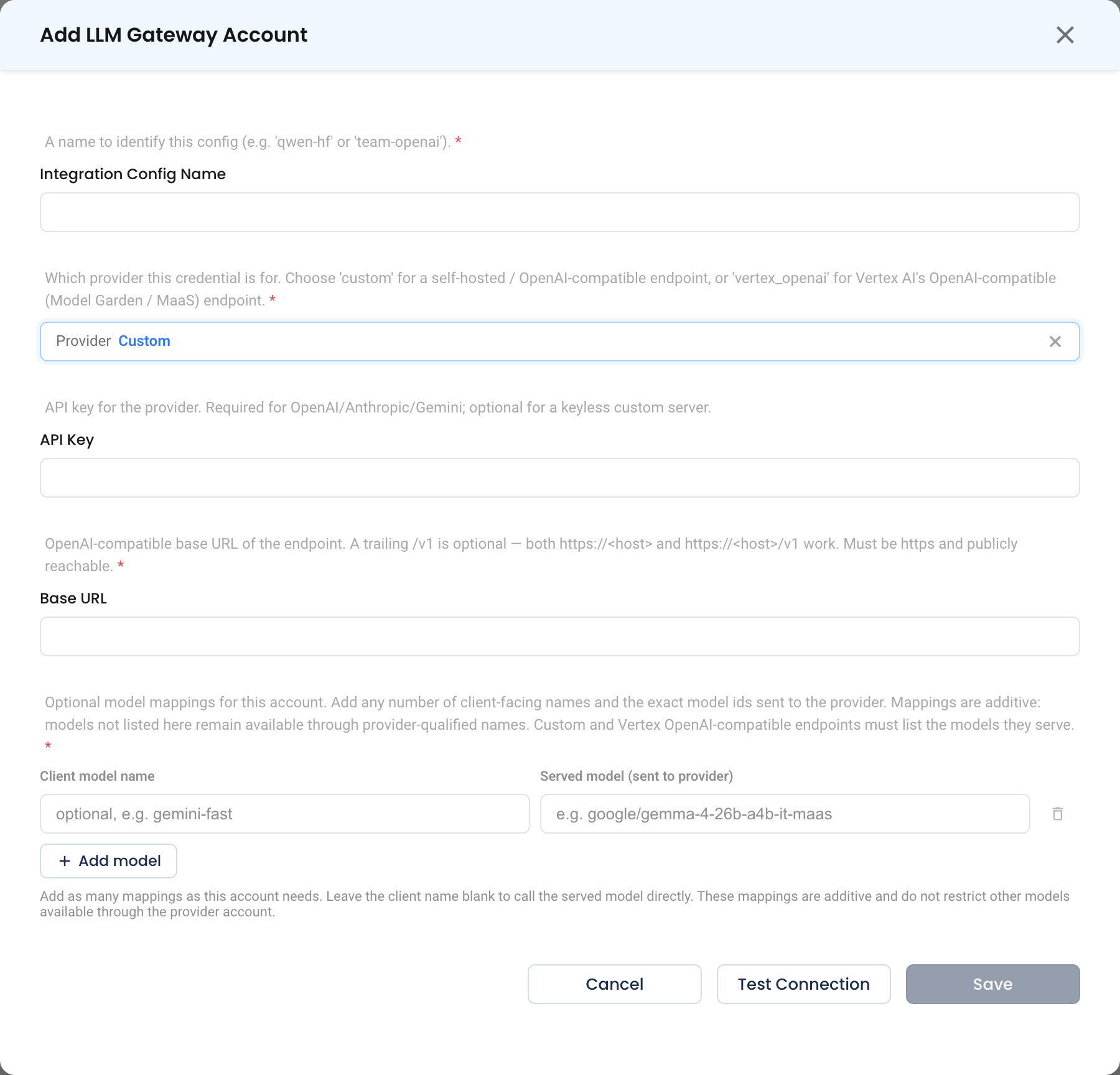 The LLM Gateway form with Provider set to Custom, showing the API key, base URL and model-mapping fields