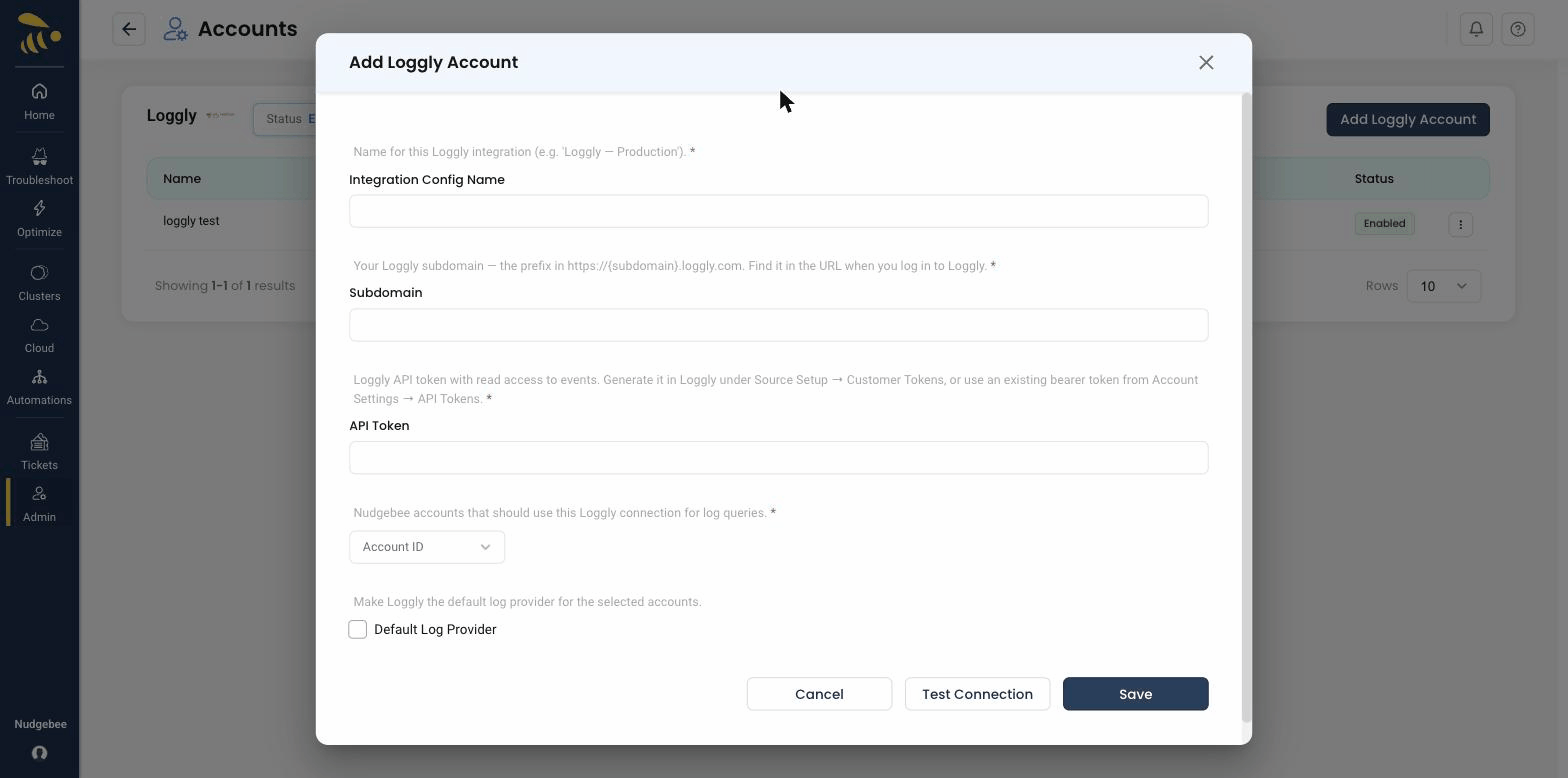 Loggly configuration form