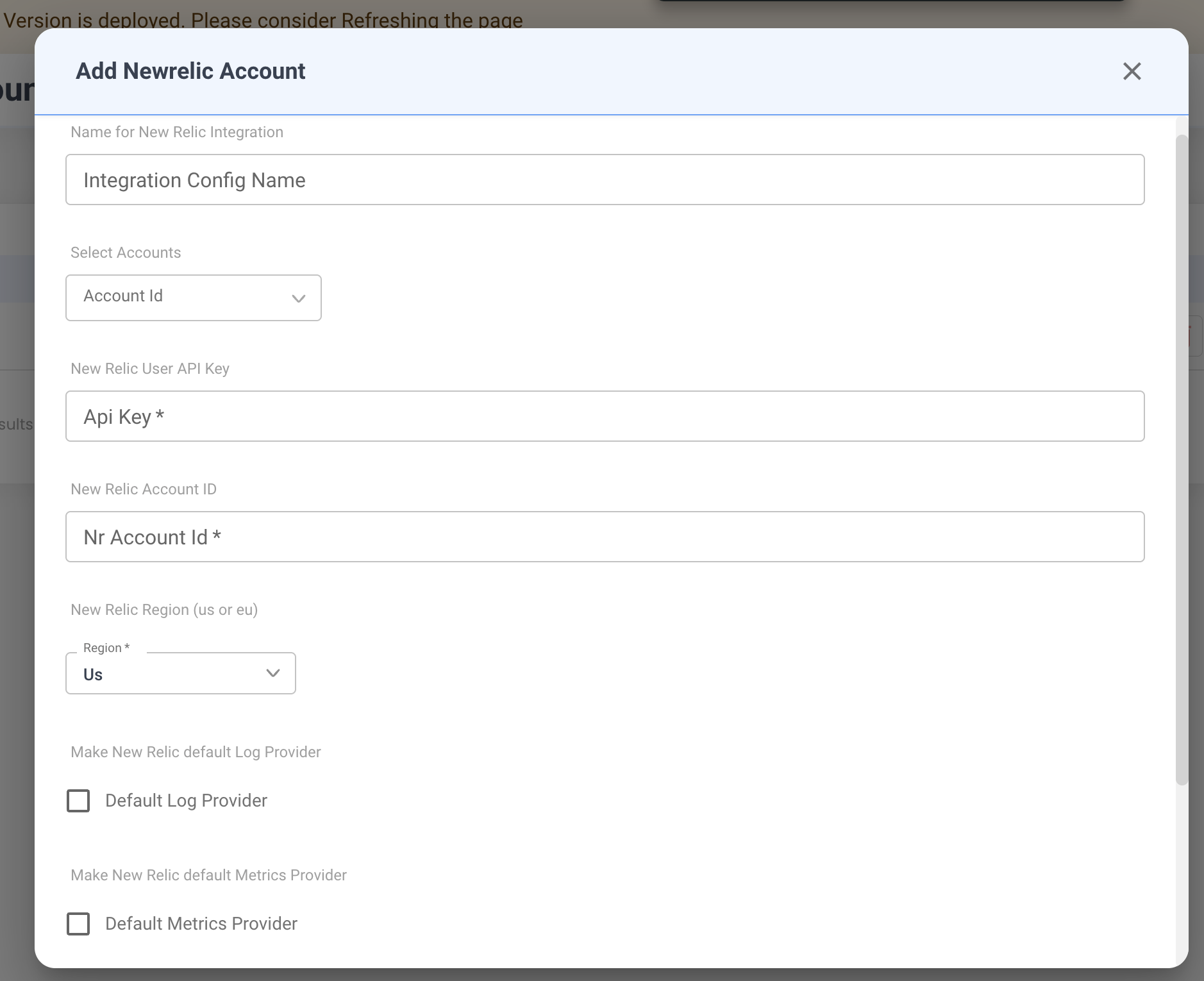 New Relic configuration form