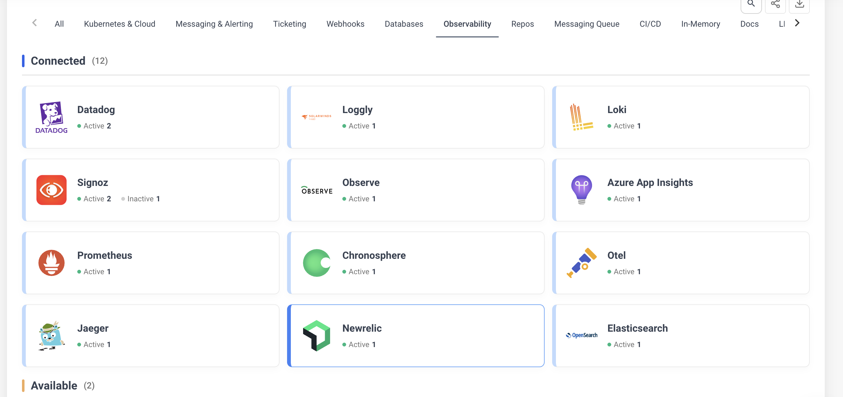 New Relic in Observability tab