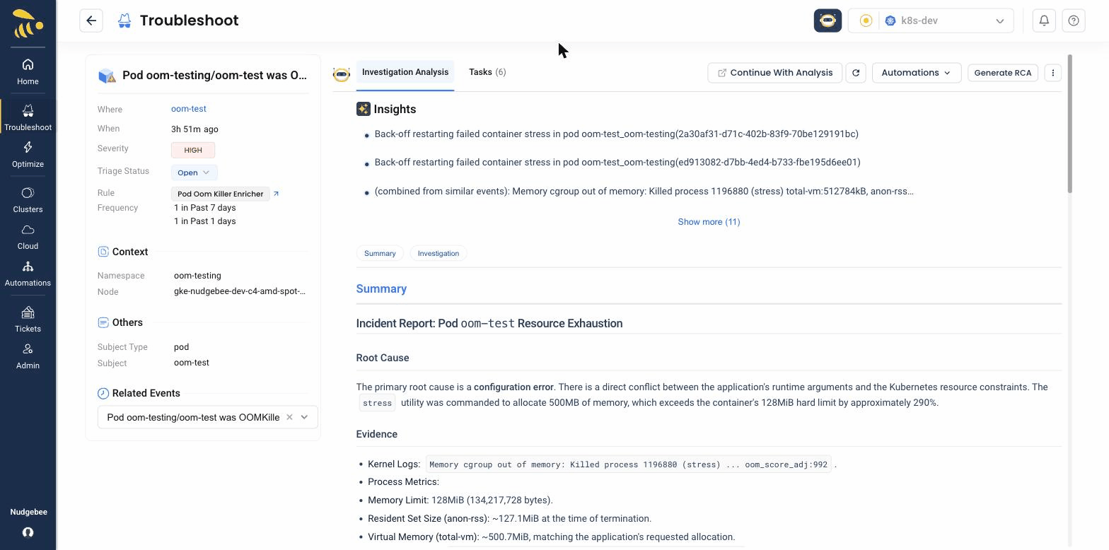 NuBi investigation analysis for an OOMKilled pod, showing AI-generated insights, an incident summary, the identified root cause, and supporting evidence