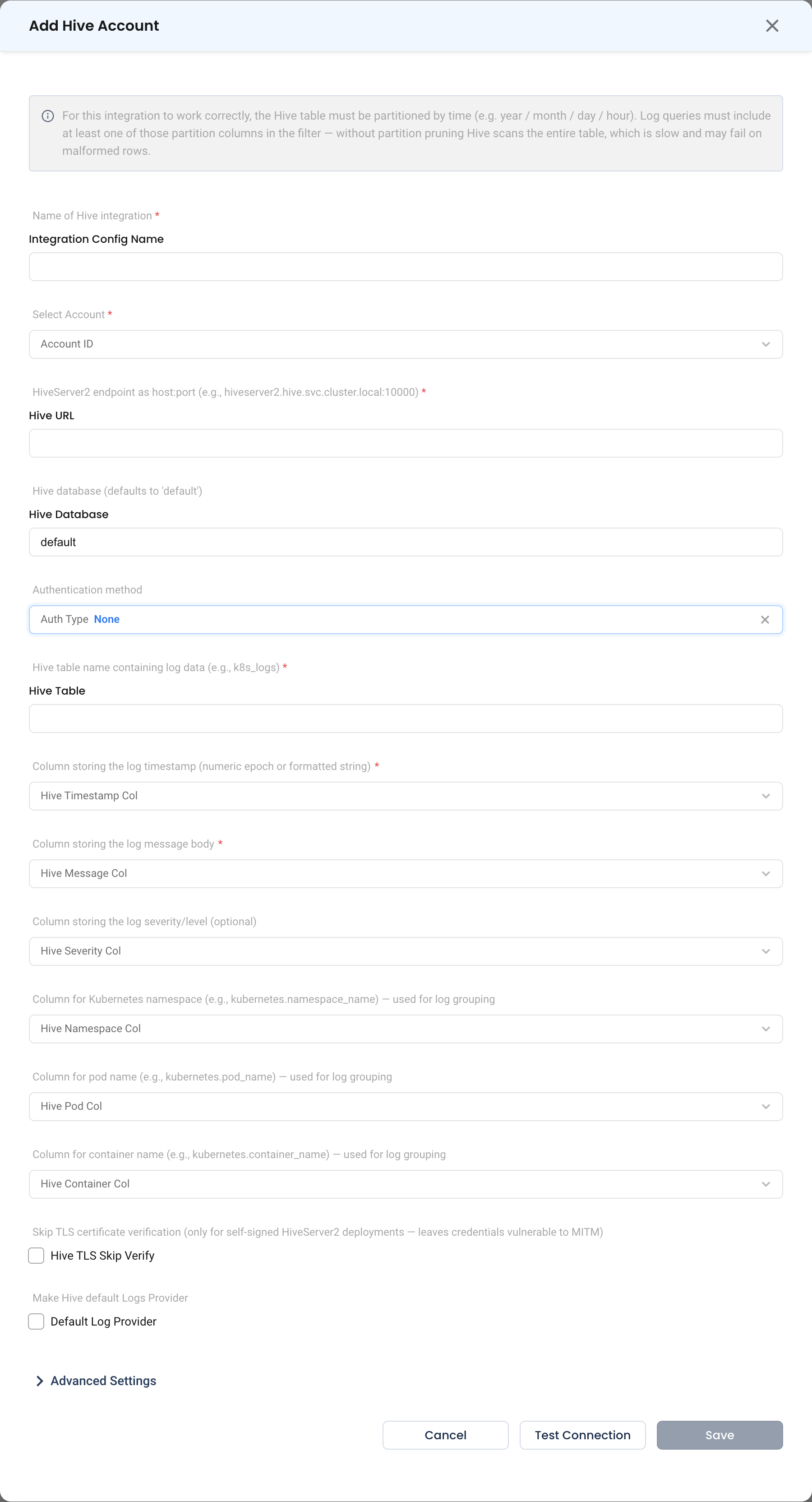 The Apache Hive configuration form, showing the HiveServer2 endpoint, table, and timestamp and message column settings