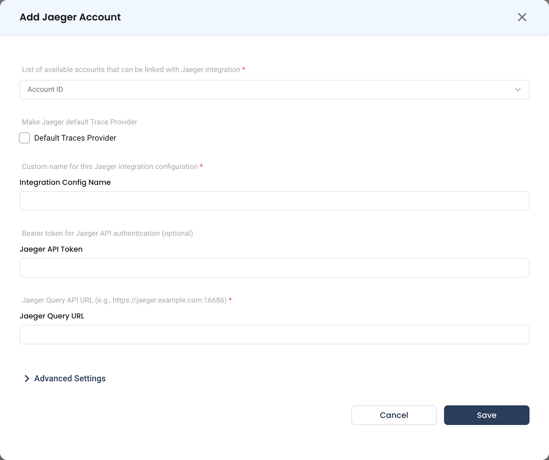 The Jaeger configuration form, showing the Query API URL, optional bearer token and default-trace-provider flag