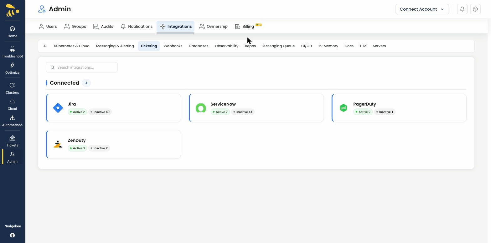 PagerDuty in the Tickets tab of the Integrations catalog