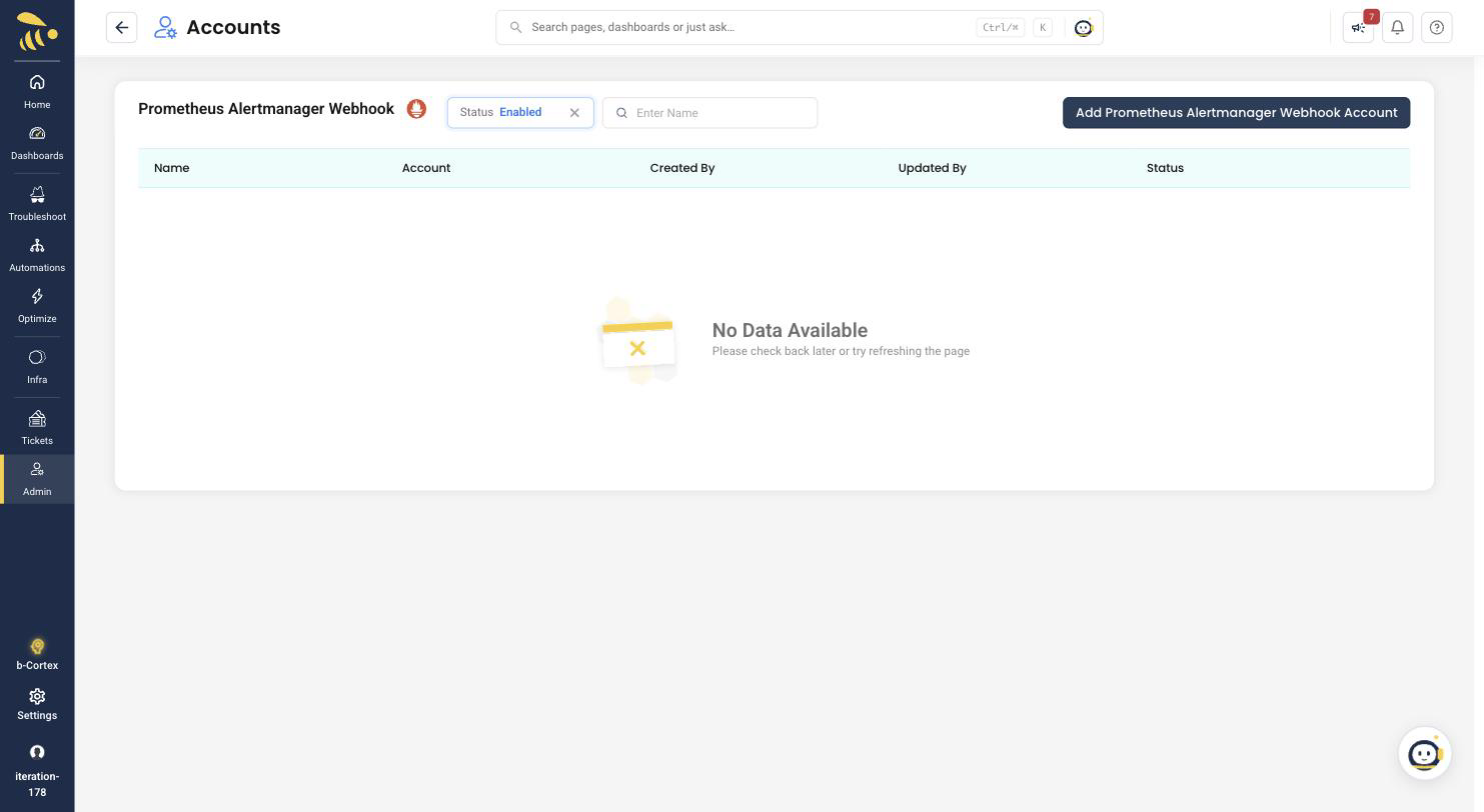 The Prometheus Alertmanager Webhook accounts list with the Add button in the top right