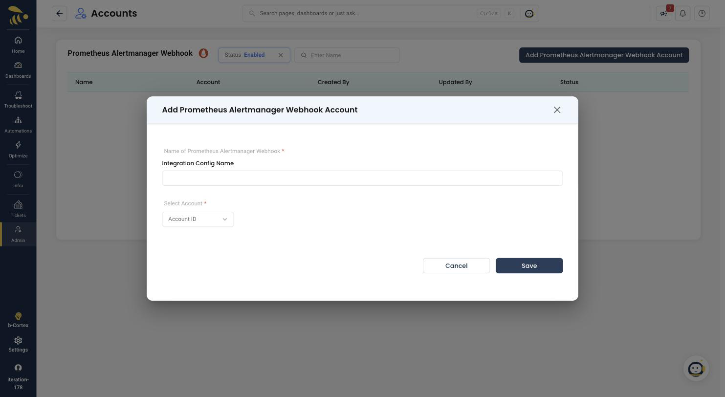 The Add Prometheus Alertmanager Webhook Account dialog, asking for an integration config name and an account