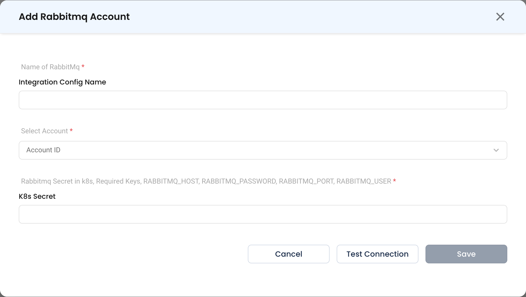 The RabbitMQ configuration form, which takes a Kubernetes secret and offers no Proxy Agent mode