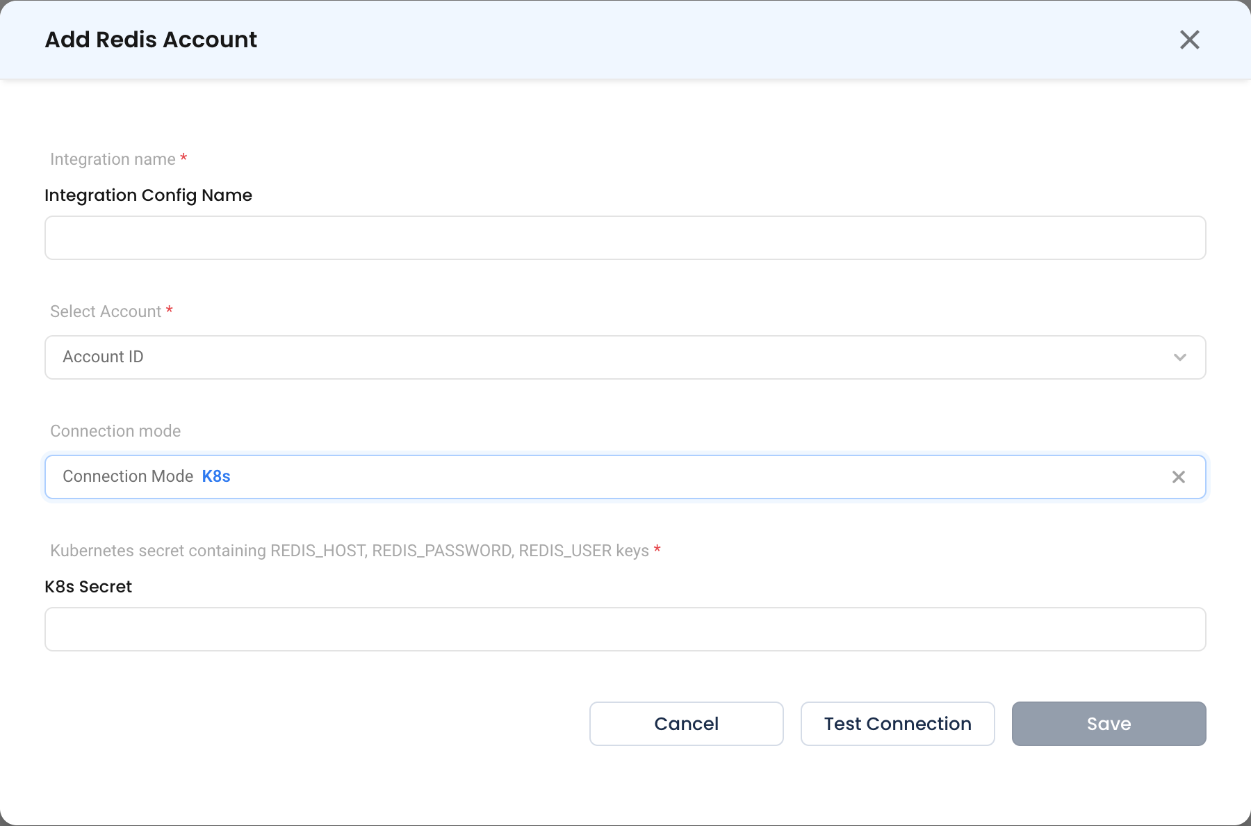 The Redis configuration form in K8s connection mode, showing the Kubernetes secret field