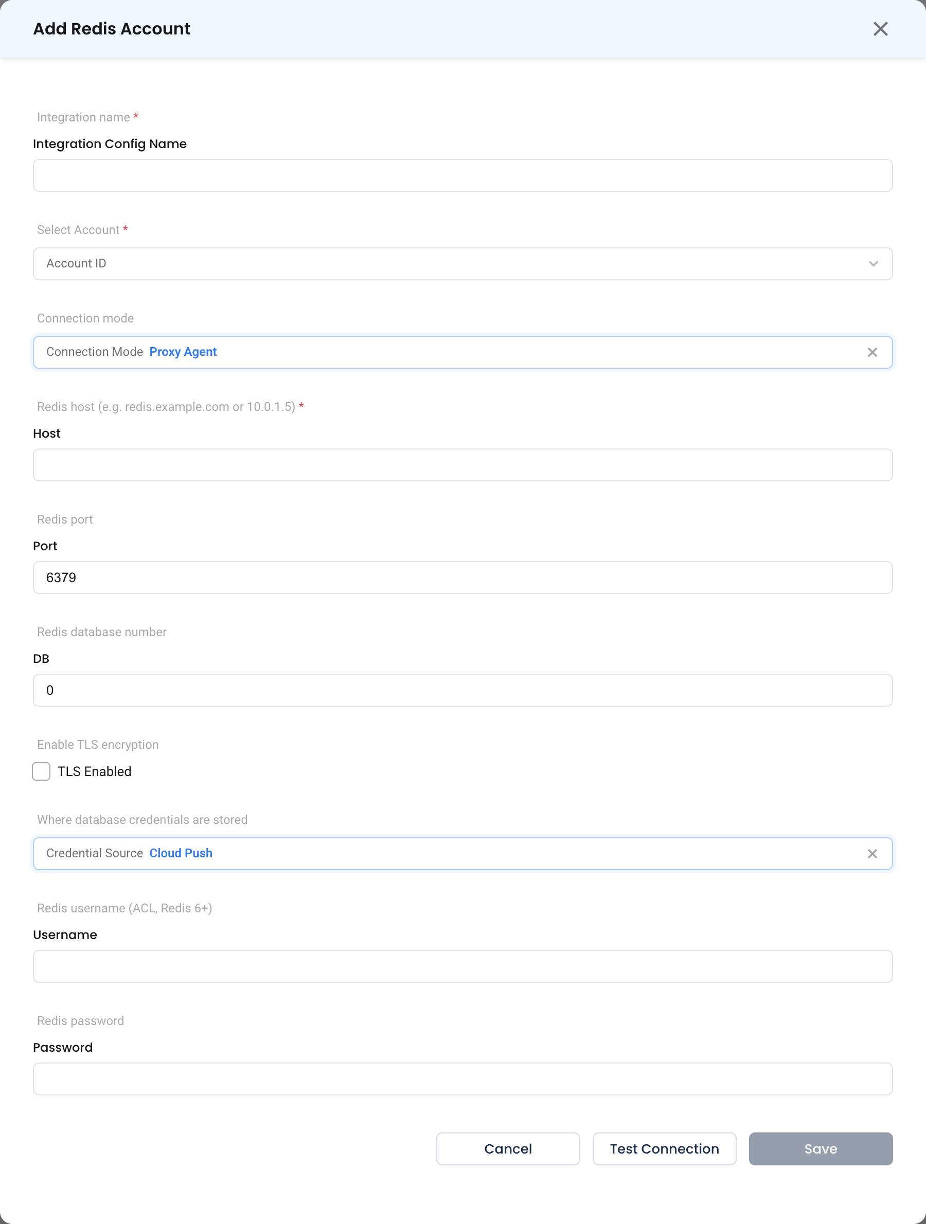The Redis form in Proxy Agent mode, showing host, port, DB number, TLS and the Redis 6 ACL username