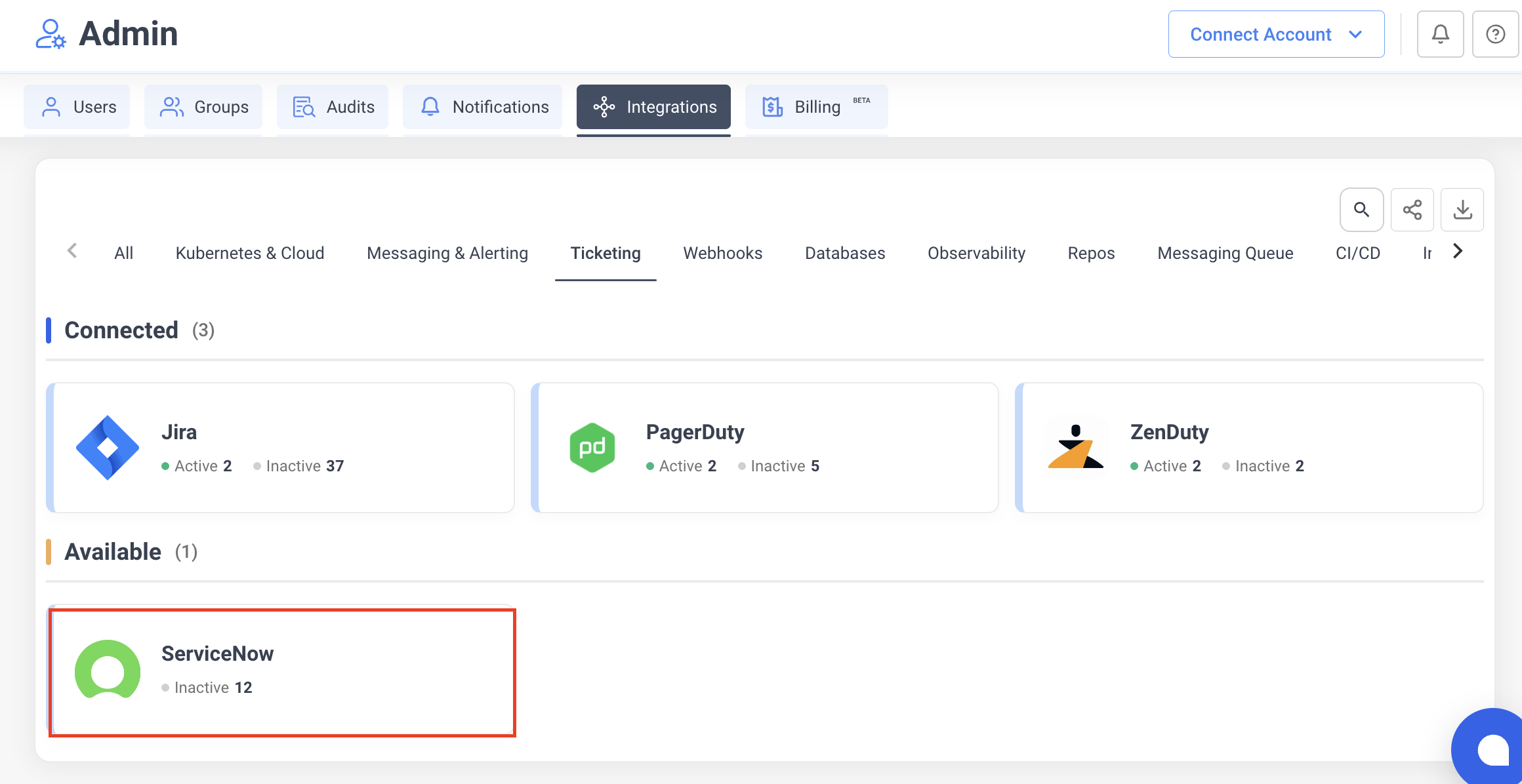 ServiceNow in Ticketing tab