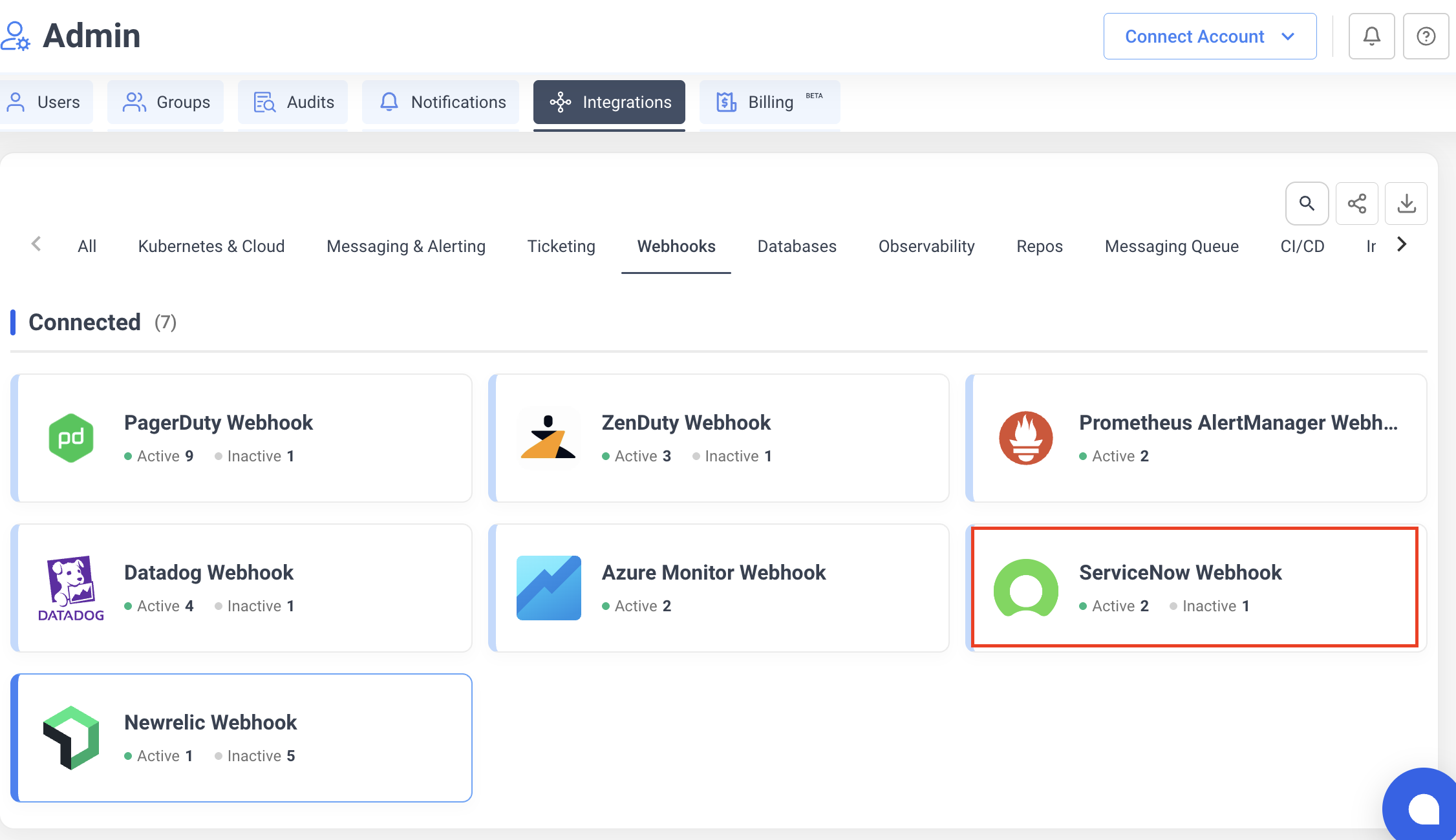 ServiceNow Webhook in Webhooks tab