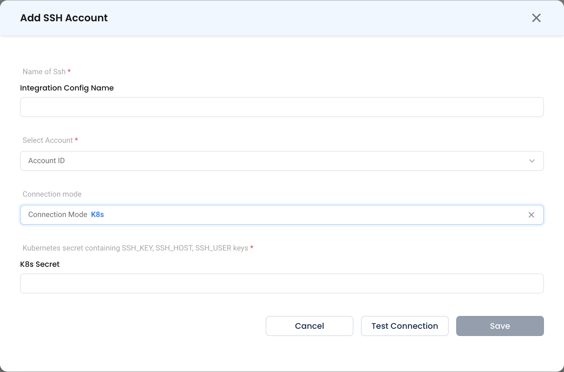 The SSH configuration form in K8s connection mode, showing the Kubernetes secret field