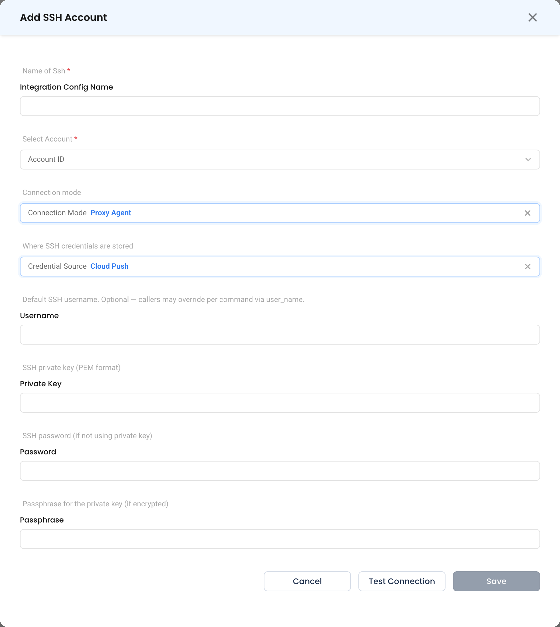The SSH form in Proxy Agent mode, showing the credential source, username, private key, password and passphrase fields